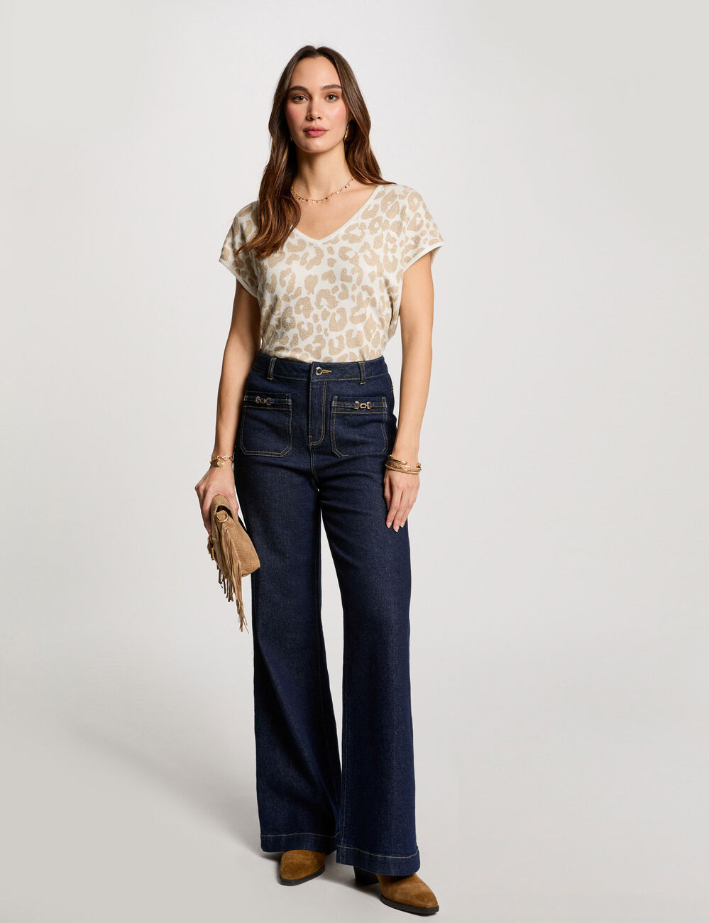 Pull manches courtes imprimé ivoire femme