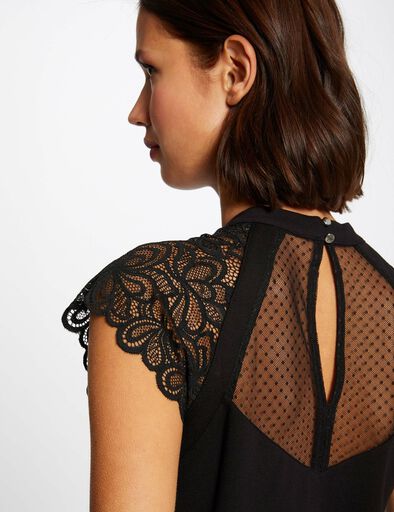 Kurzarm-T-Shirt mit Spitze schwarz damen