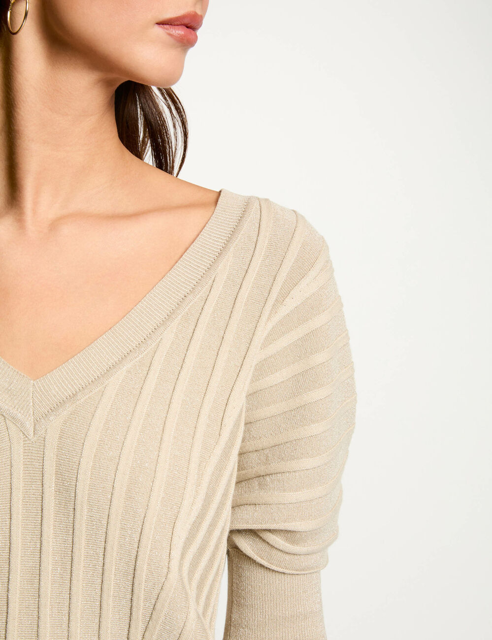 Pull manches 3/4 col en V sable femme