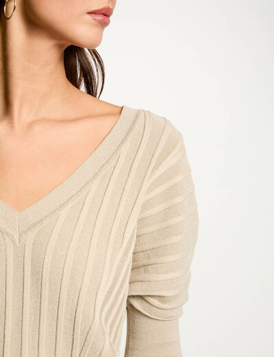 Pull manches 3/4 col en V sable femme