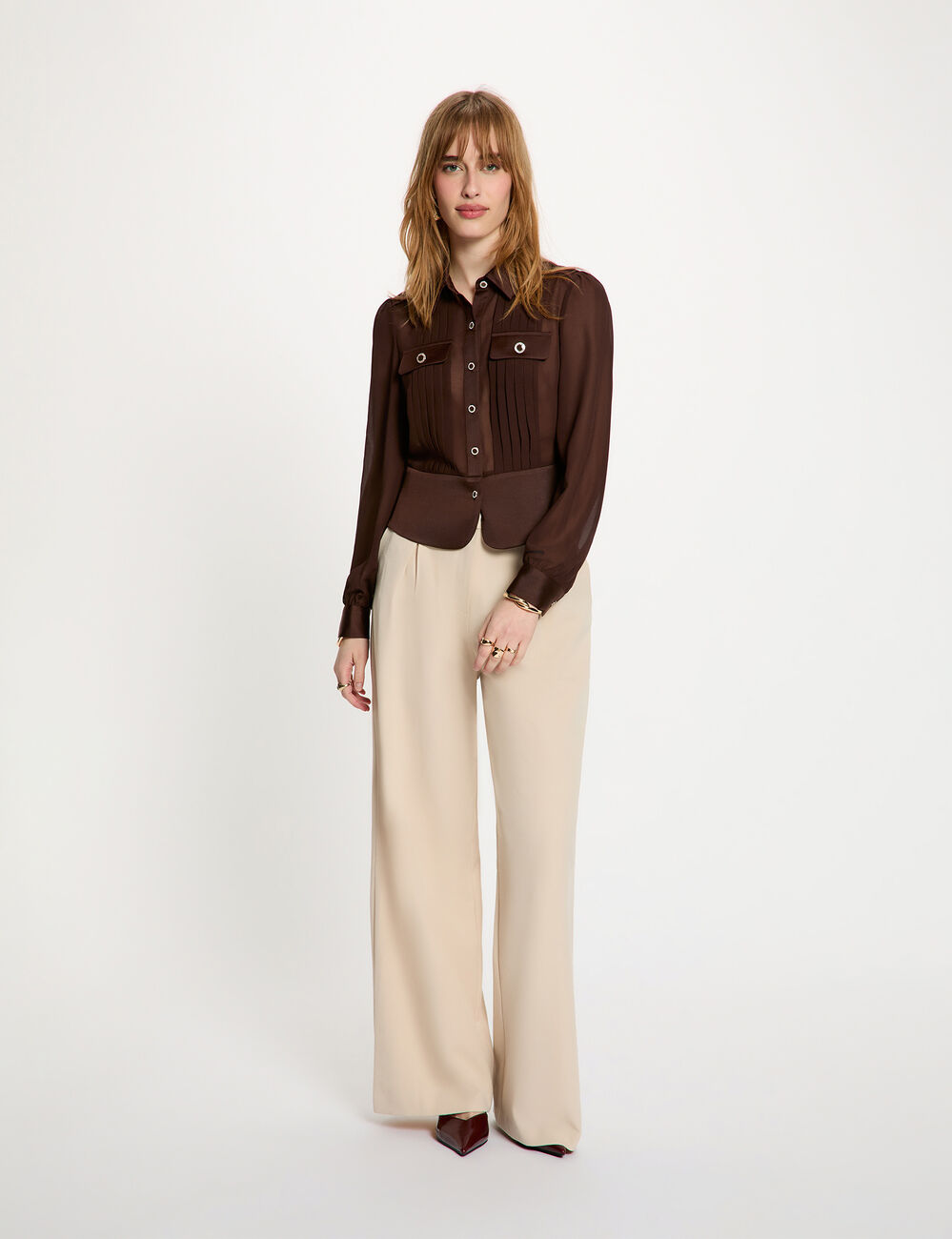 Chemise manches longues avec plis marron fonc&eacute; femme