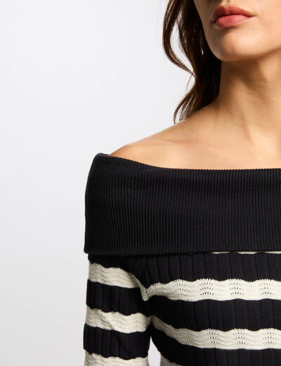 Gestreifter Pullover mit Bardot-Kragen marineblau damen