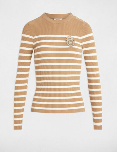Pull manches longues à rayures camel femme