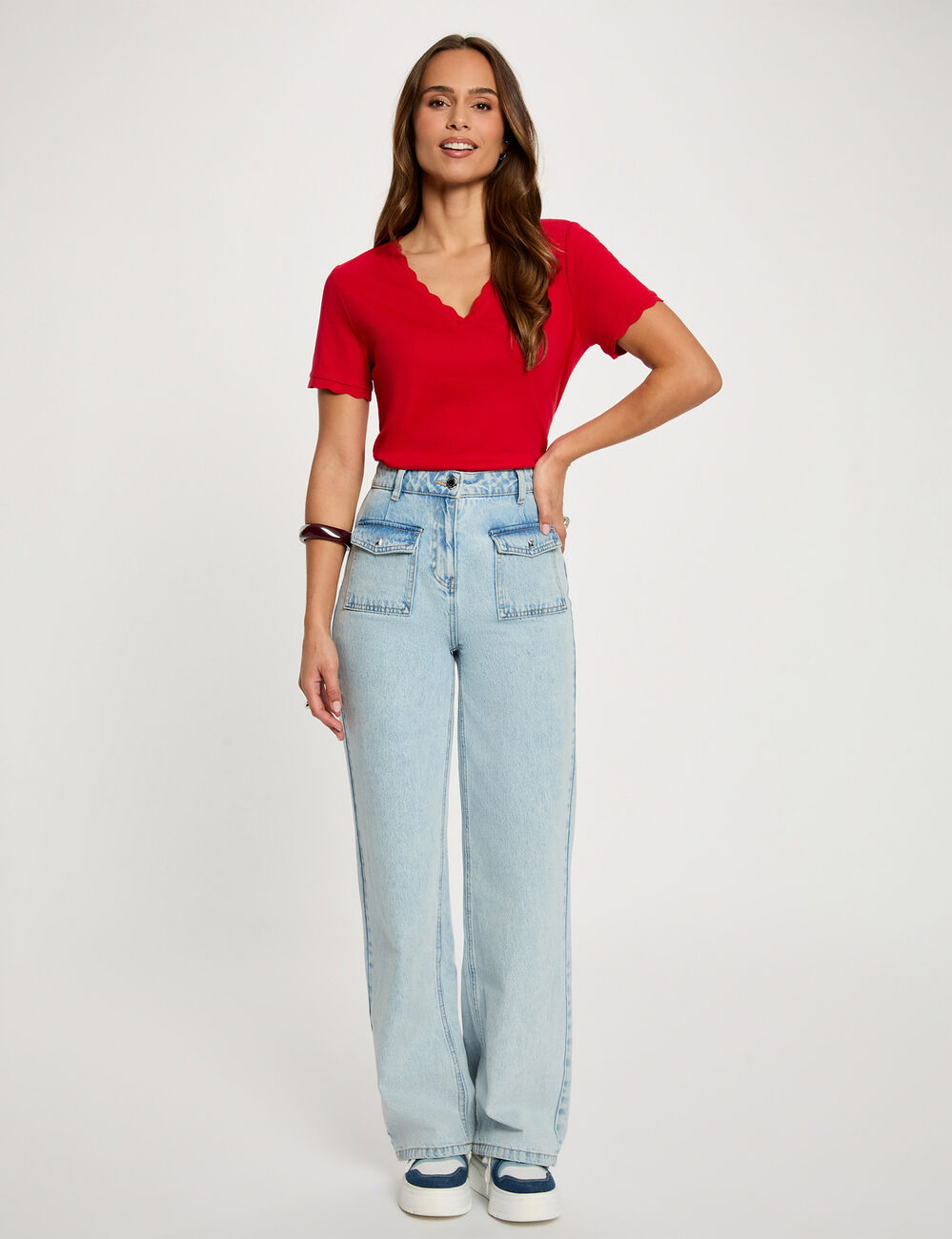 Tailliertes V-Ausschnitt T-Shirt rot damen