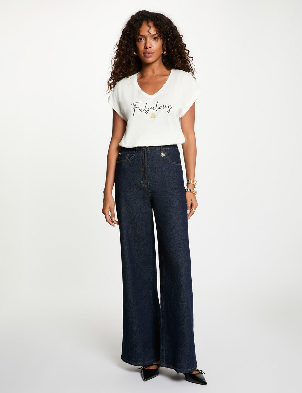 T-Shirt mit V-Ausschnitt, kurze &Auml;rmel weiss damen