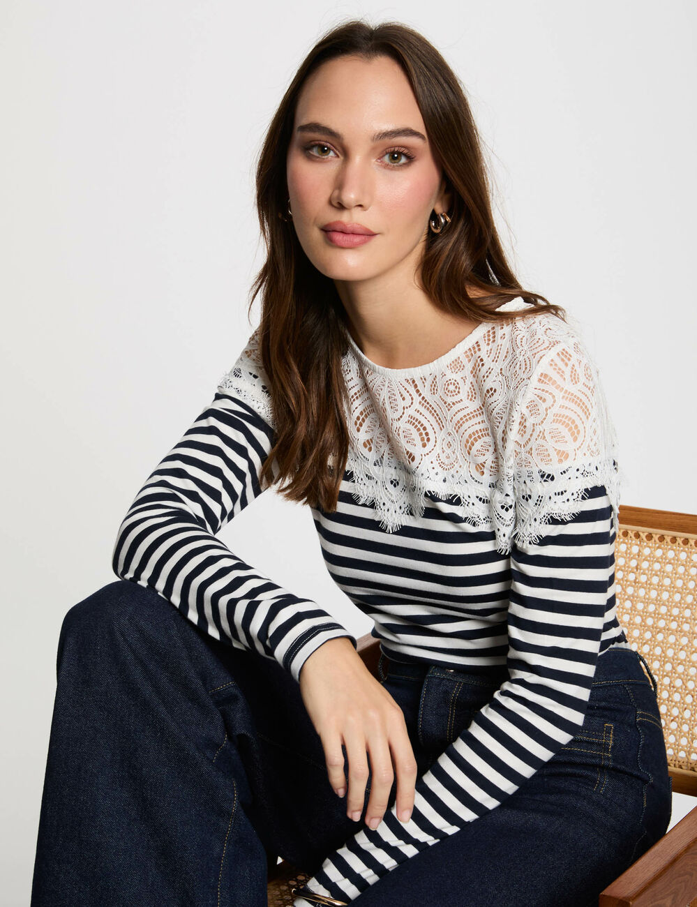 Gestreiftes Langarm-T-Shirt weiss damen