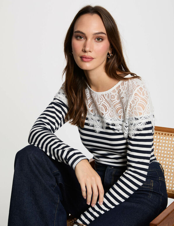 Gestreiftes Langarm-T-Shirt weiss damen