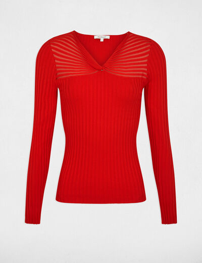 Pull col en V côtelé rouge femme