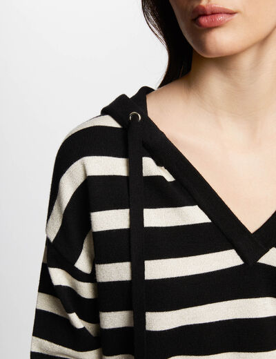 Pullover mit V-Kragen und Kapuze schwarz damen