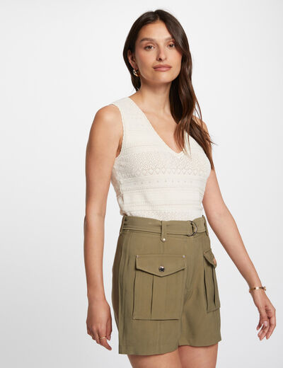 Mesh-Top mit V-Kragen elfenbein damen