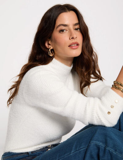 Pull manches longues maille duveteuse ivoire femme