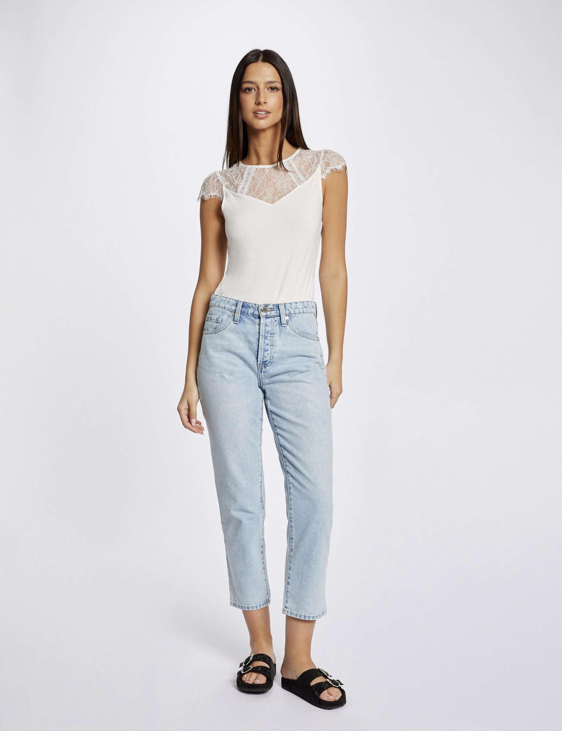 t shirt manches courtes a dentelle ivoire femme T-shirt manches courtes à dentelle ivoire femme