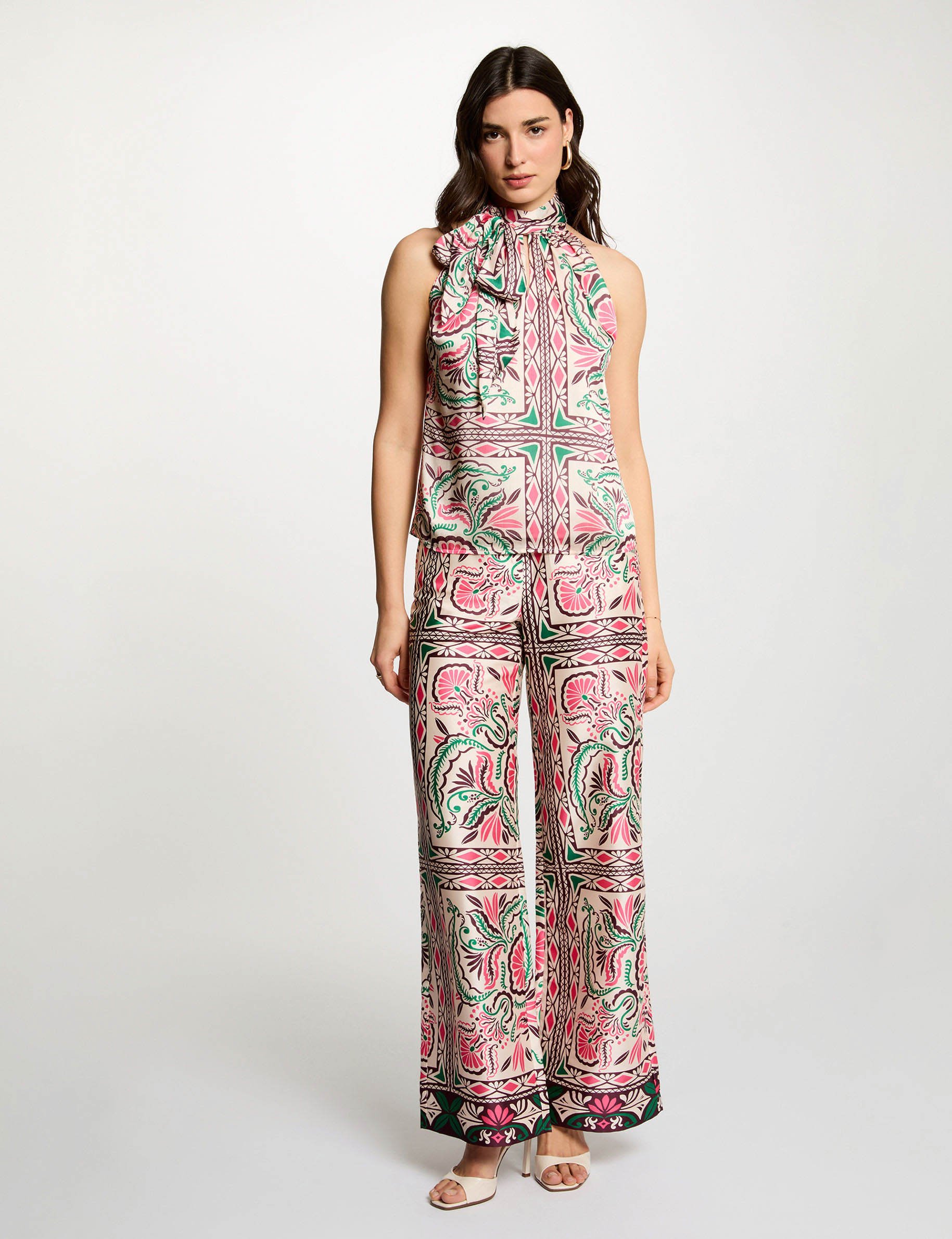 Pantalon large satin&eacute; multicolore femme