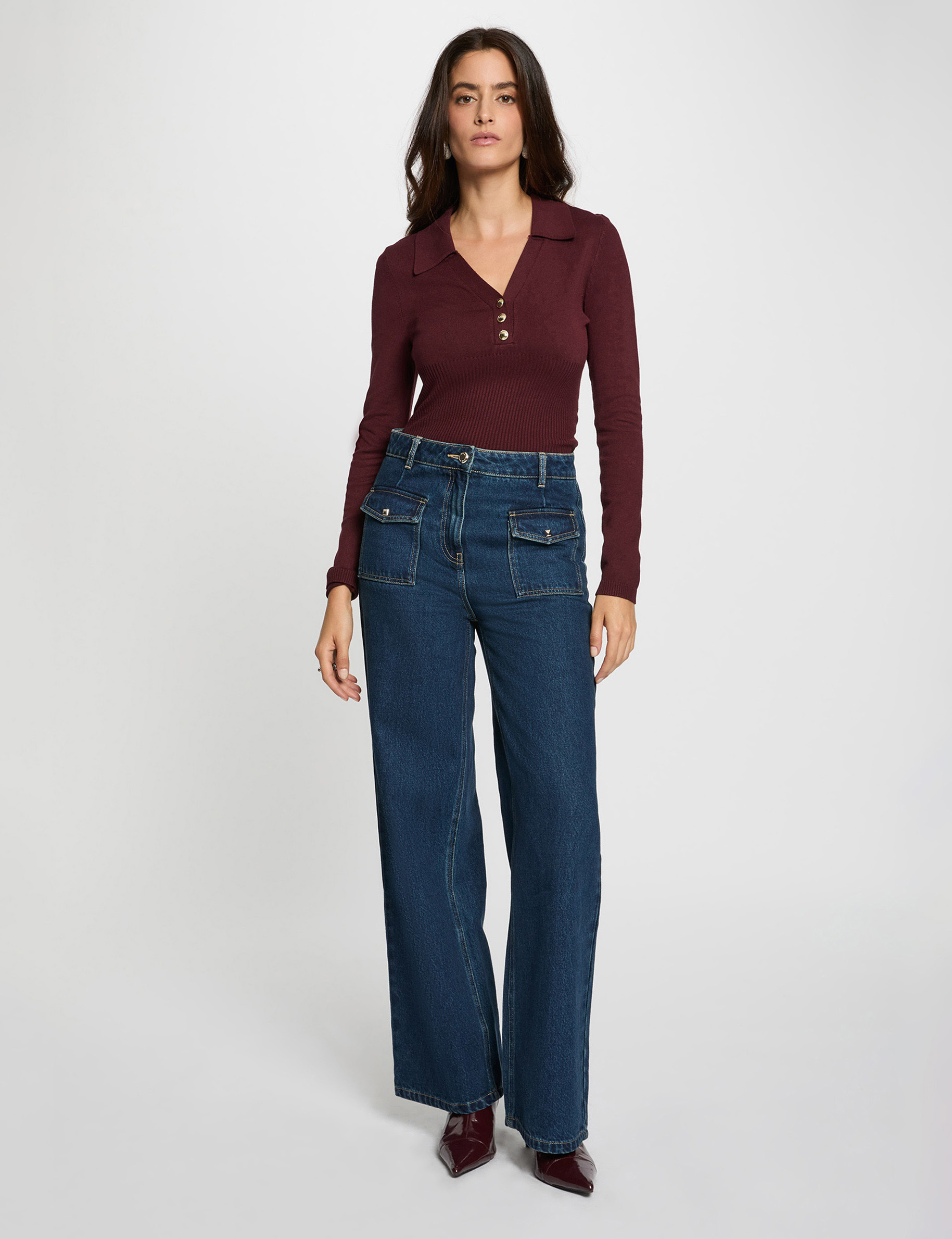 pull ajuste col polo prune femme Pull ajusté col polo prune femme