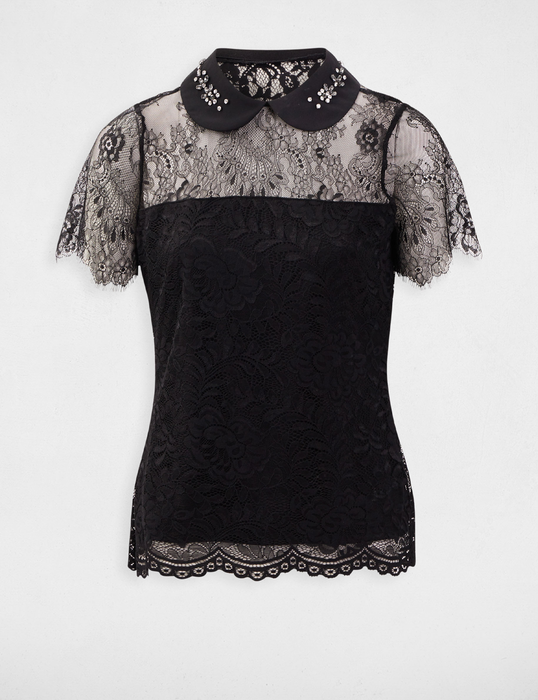 Kurz&auml;rmelige Spitzenbluse mot Schlitz schwarz damen