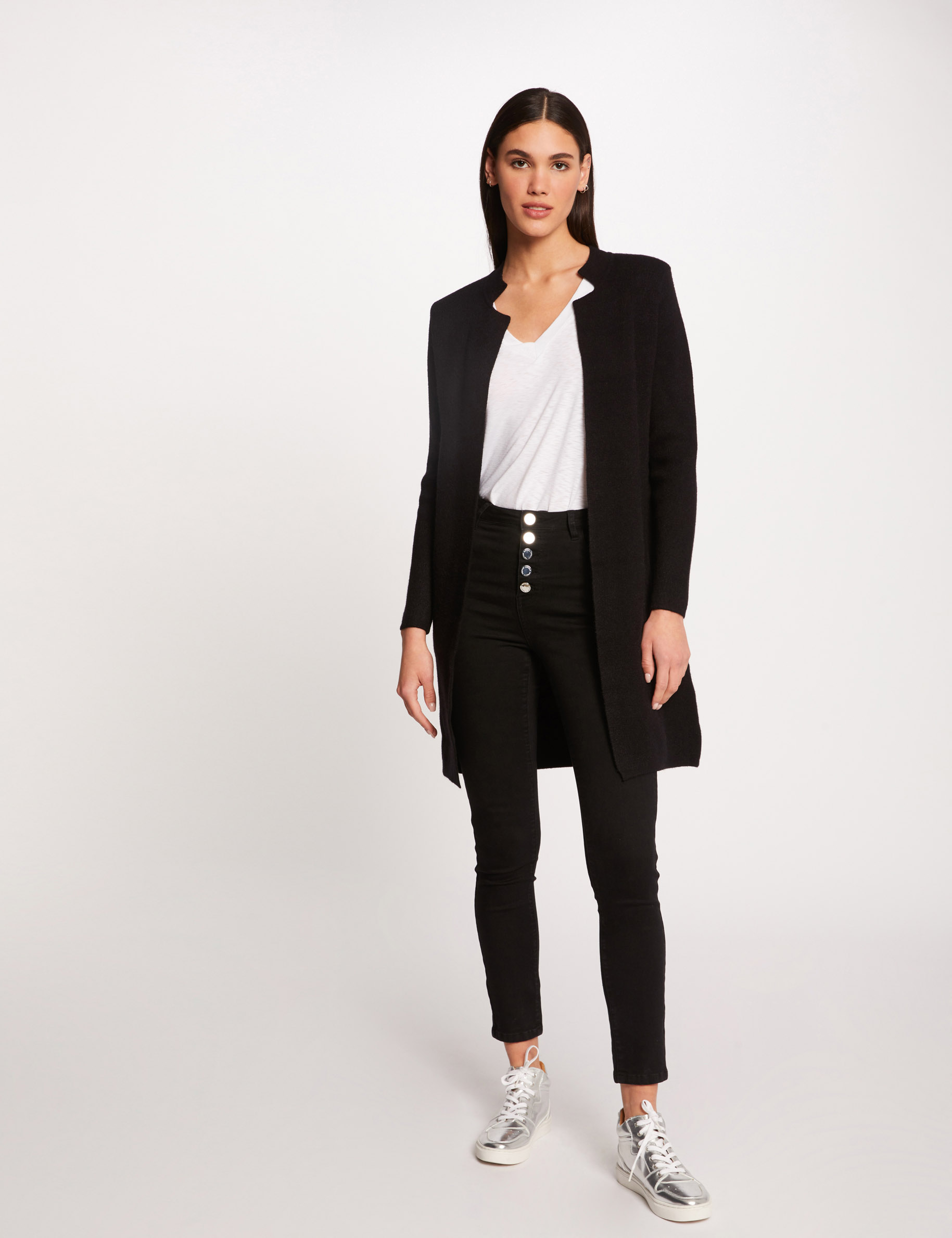 Gilet droit &agrave; col crant&eacute; noir femme