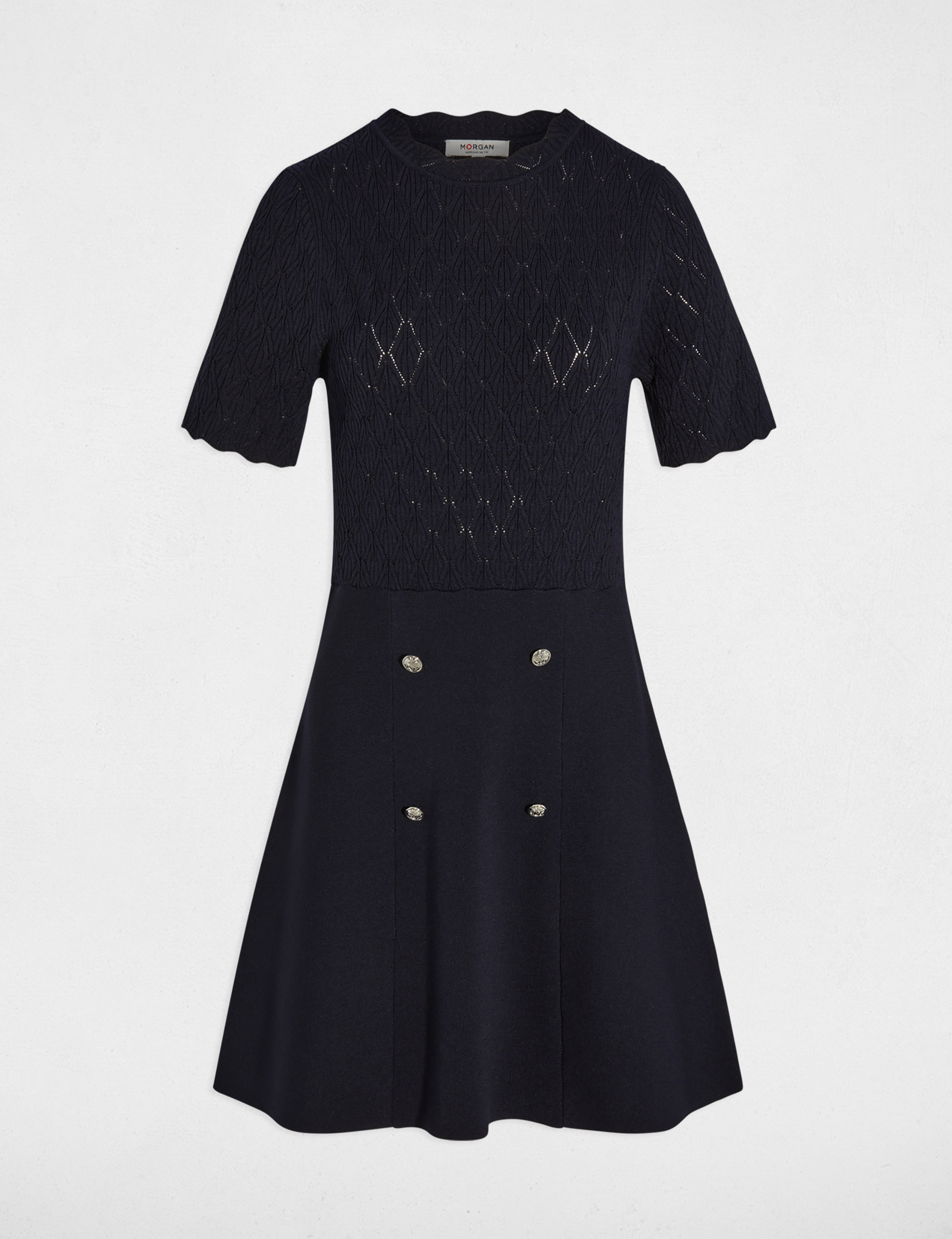 Robe tricot courte col rond bleu marine femme