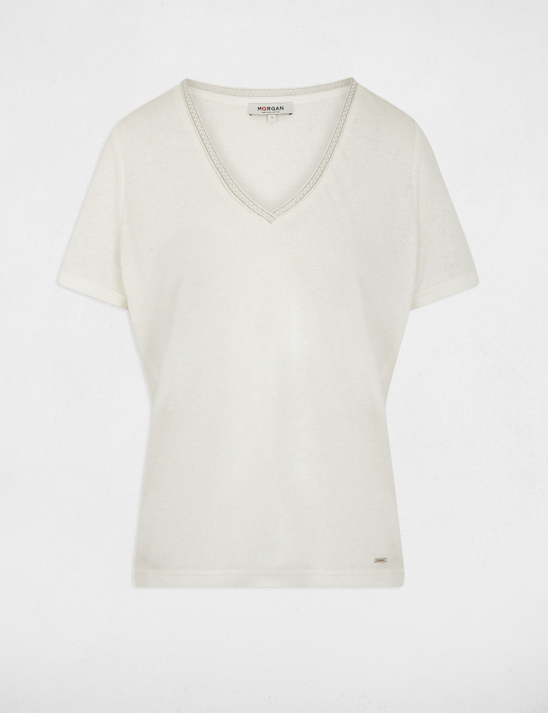 T-shirt col v perl&eacute; blanc femme