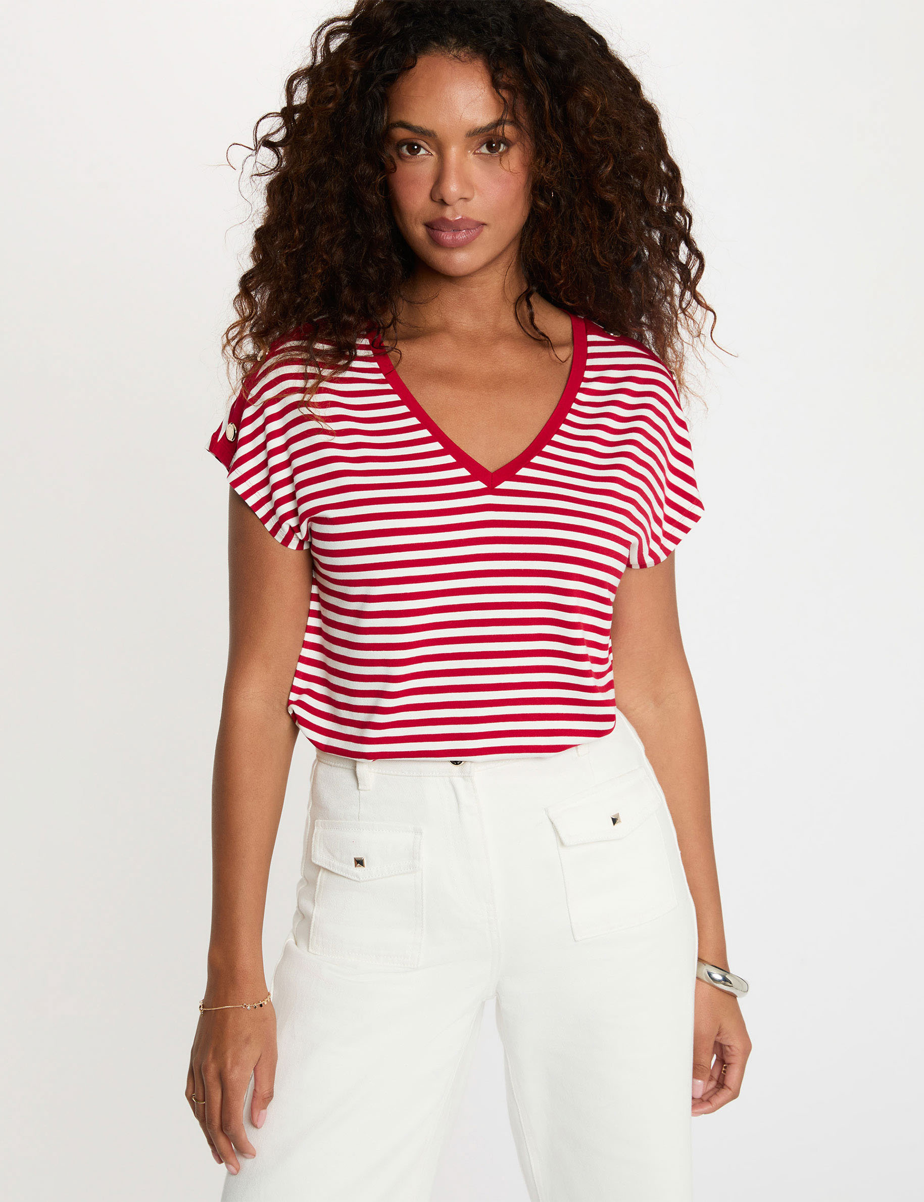 Gestreiftes V-Ausschnitt T-Shirt weiss damen