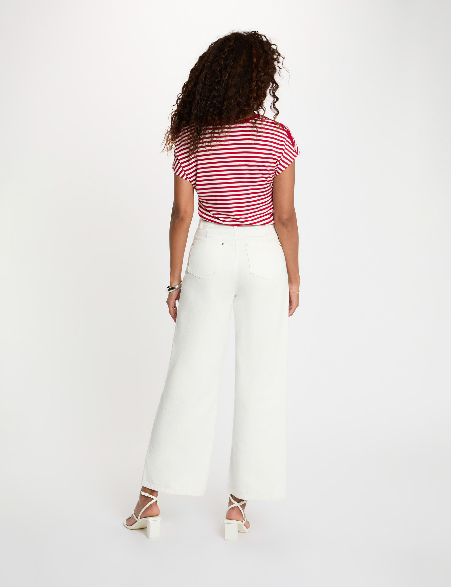Gestreiftes V-Ausschnitt T-Shirt weiss damen
