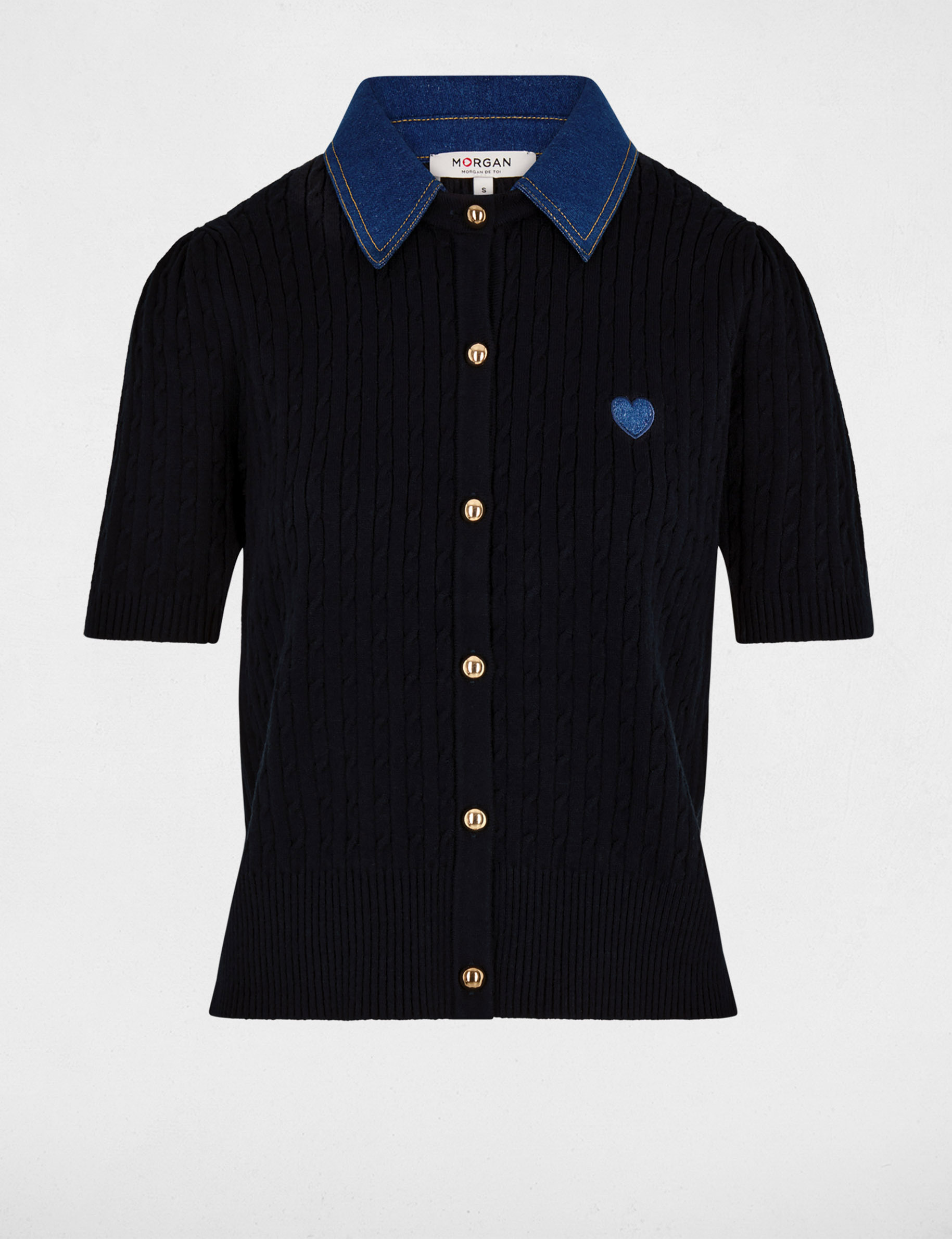 Pull col &agrave; revers bleu marine femme