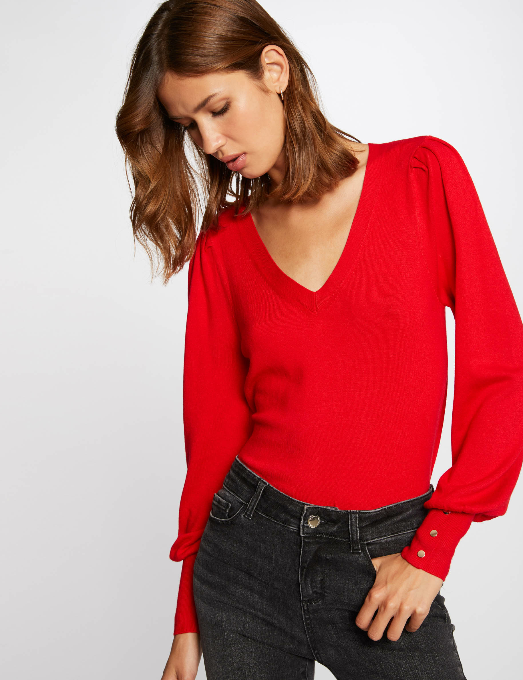 Lang&auml;rmliger Pullover mit V-Ausschnitt rot damen