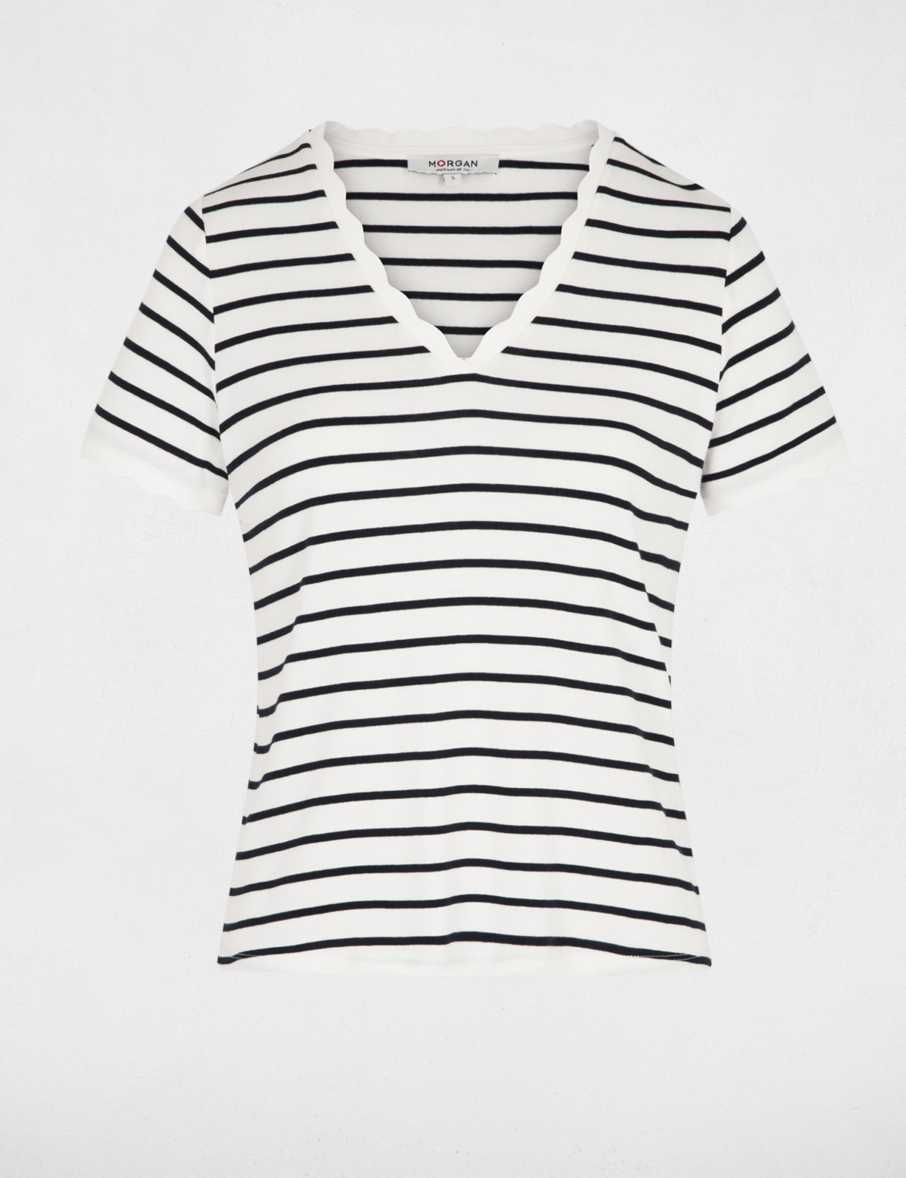 Gestreiftes V-Ausschnitt-T-Shirt weiss damen