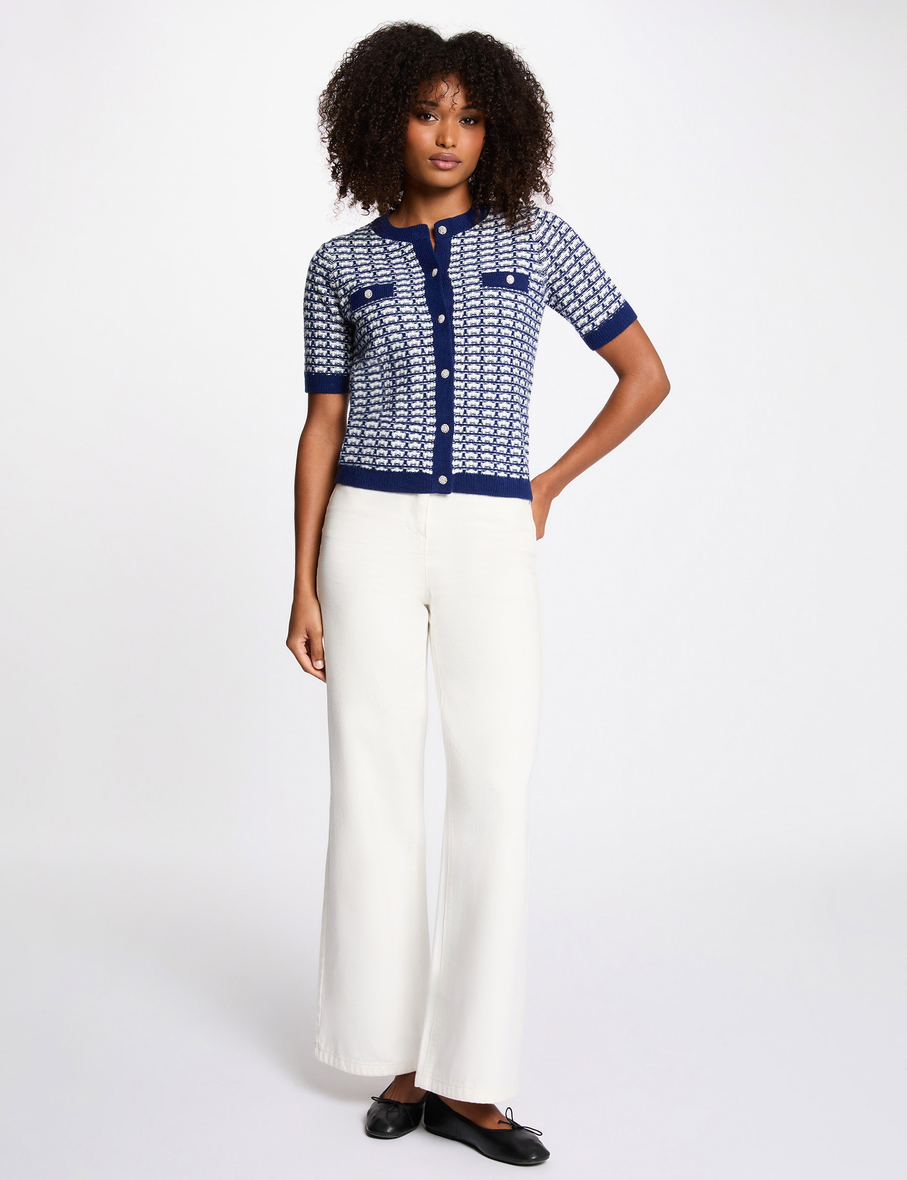 Gilet manches courtes imprim&eacute; bleu marine femme