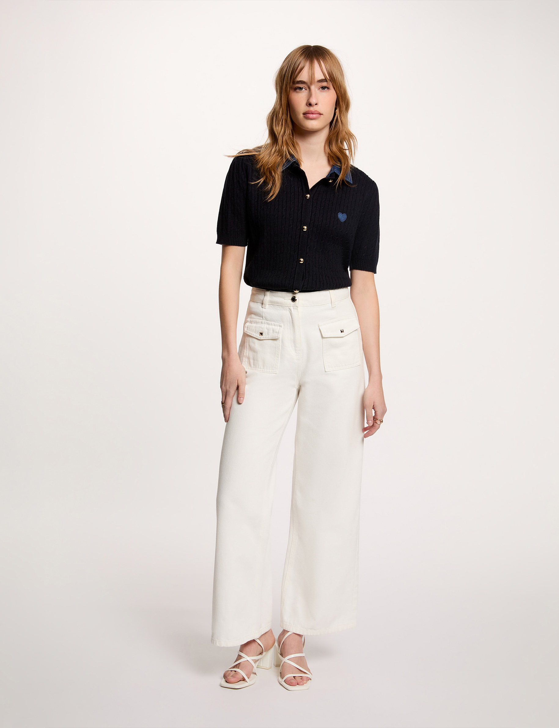 Pull col &agrave; revers bleu marine femme