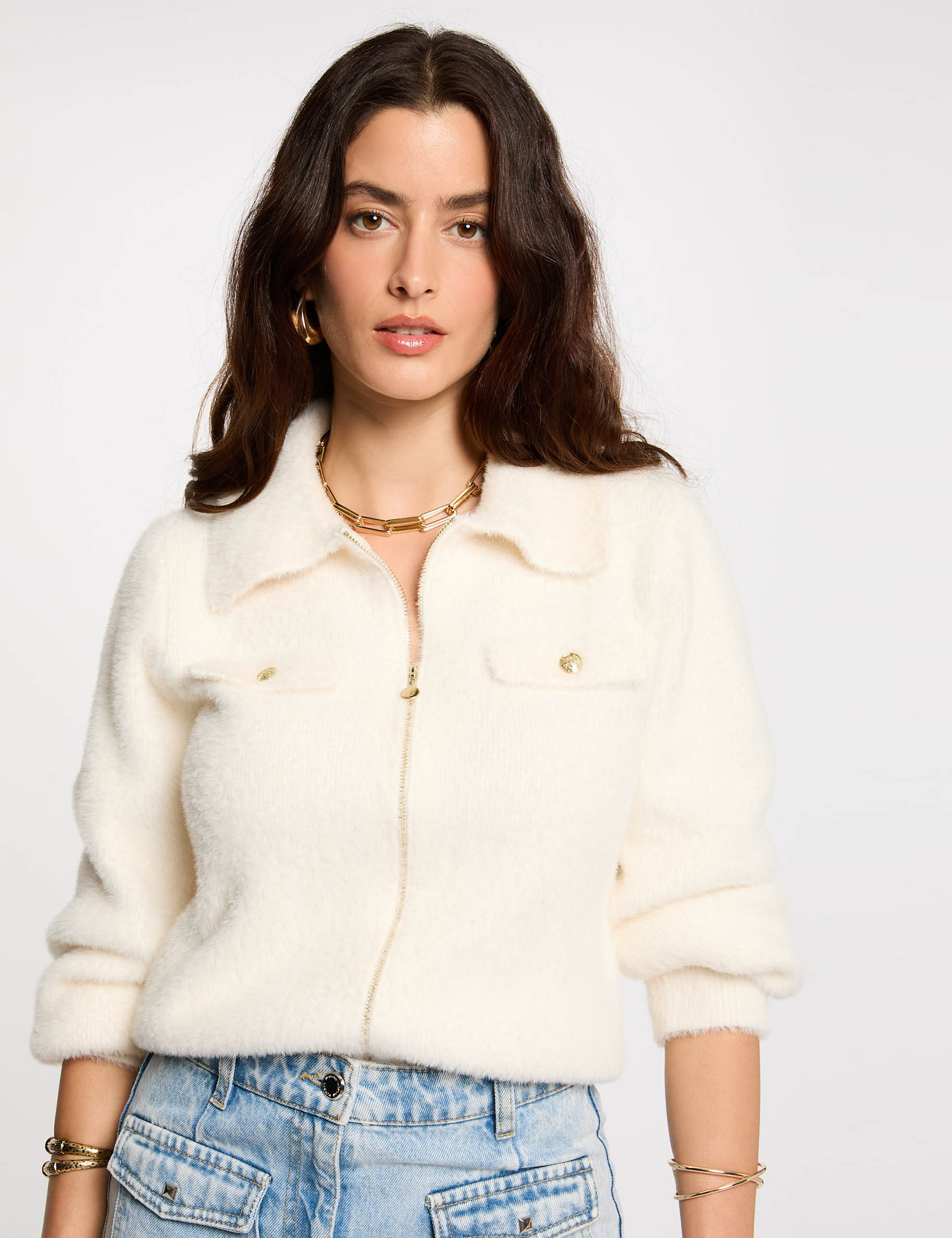 gilet manches longues col a revers ivoire femme Gilet manches longues col à revers ivoire femme