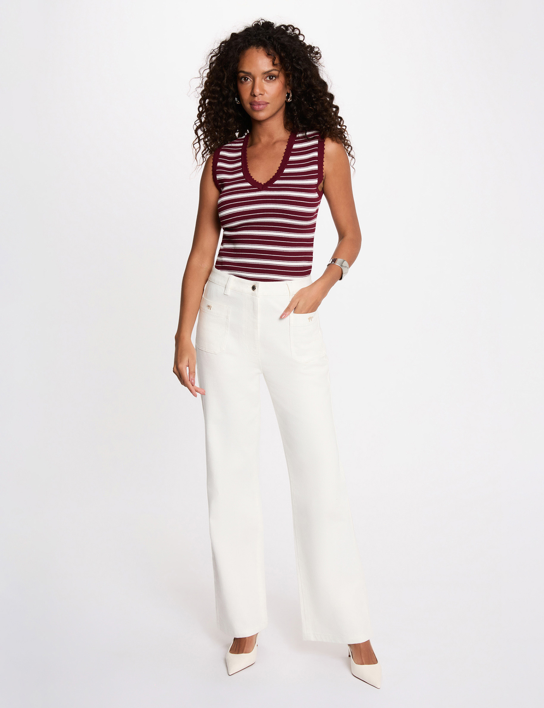 Pull sans manches col v bordeaux femme