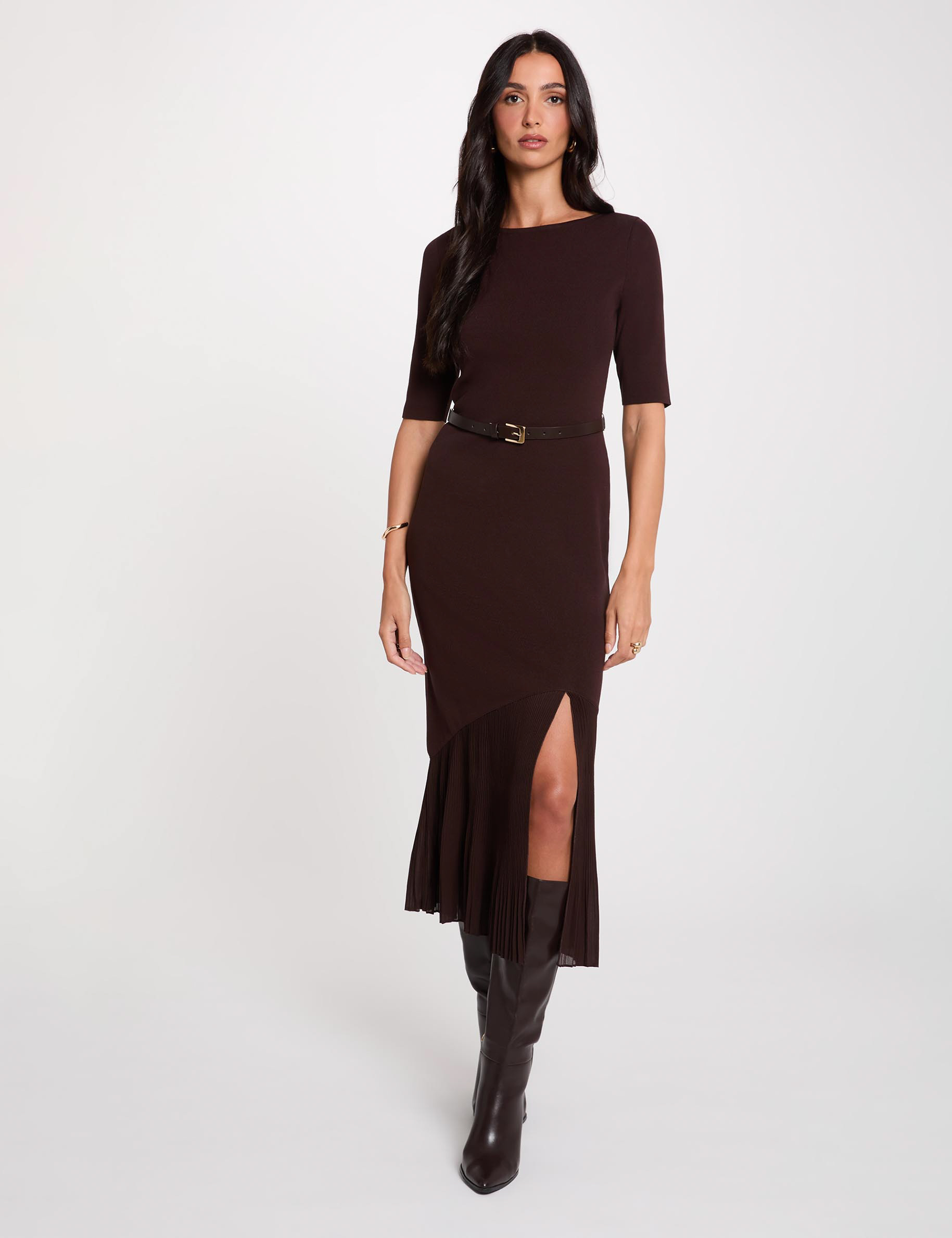 Gestricktes Kleid mit G&uuml;rtel dunkelbraun damen