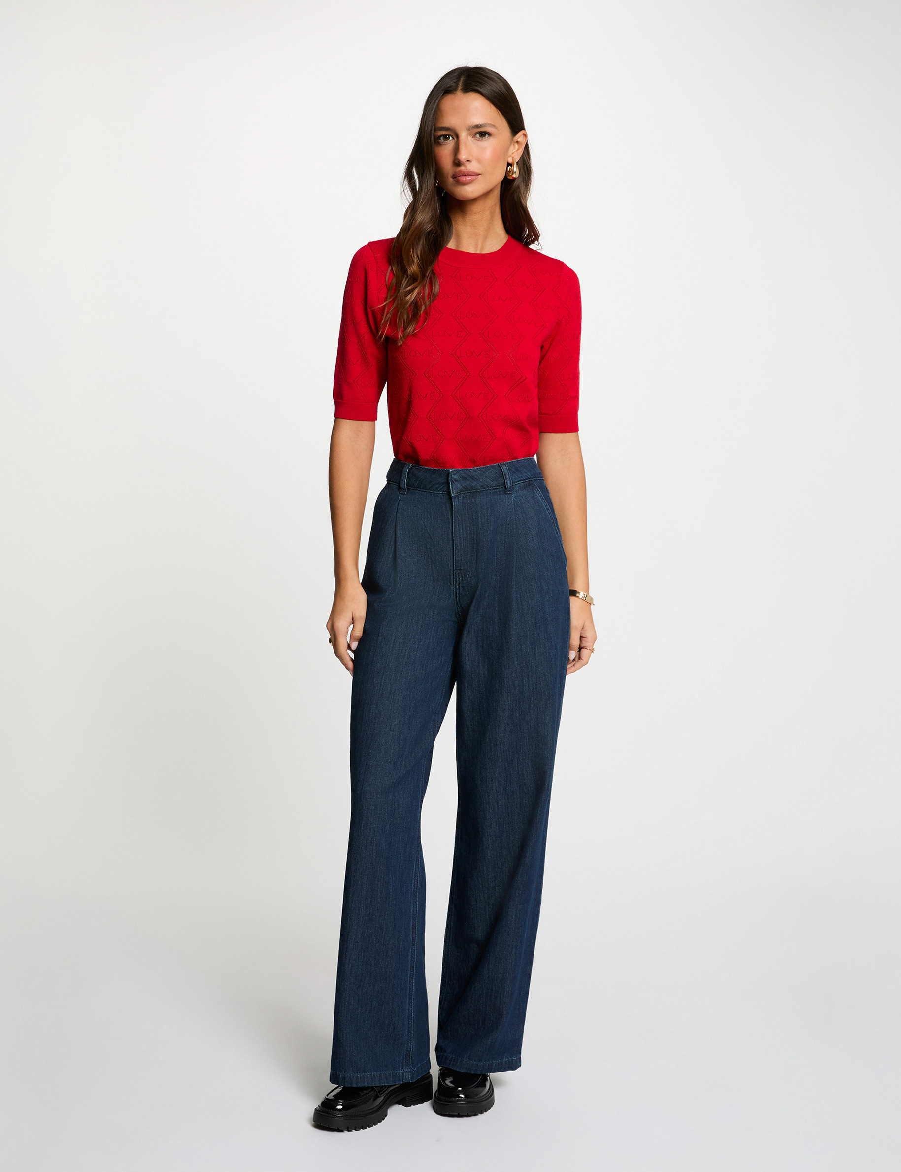 Pull ajour&eacute; manches 3/4 rouge femme