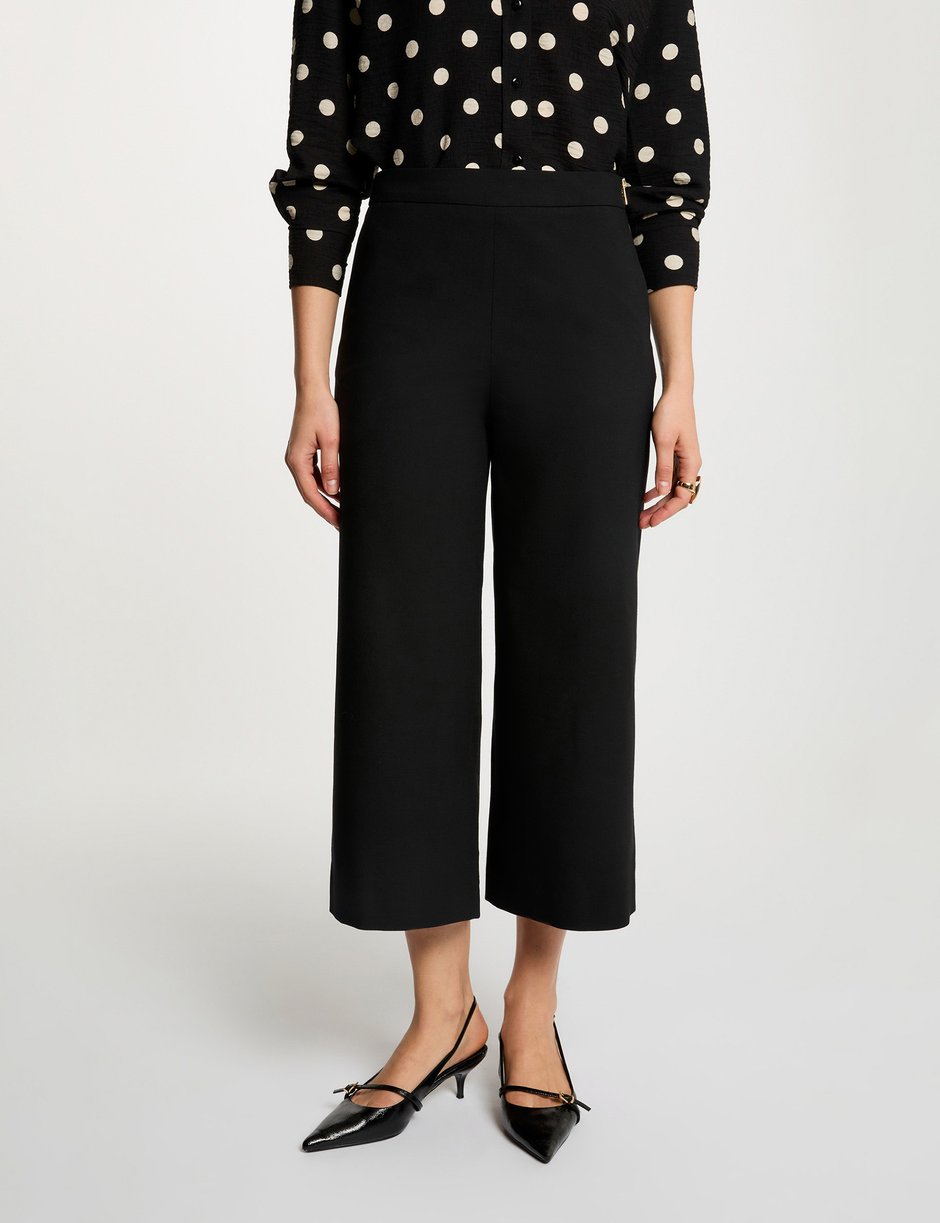 Pantacourt large taille haute noir femme