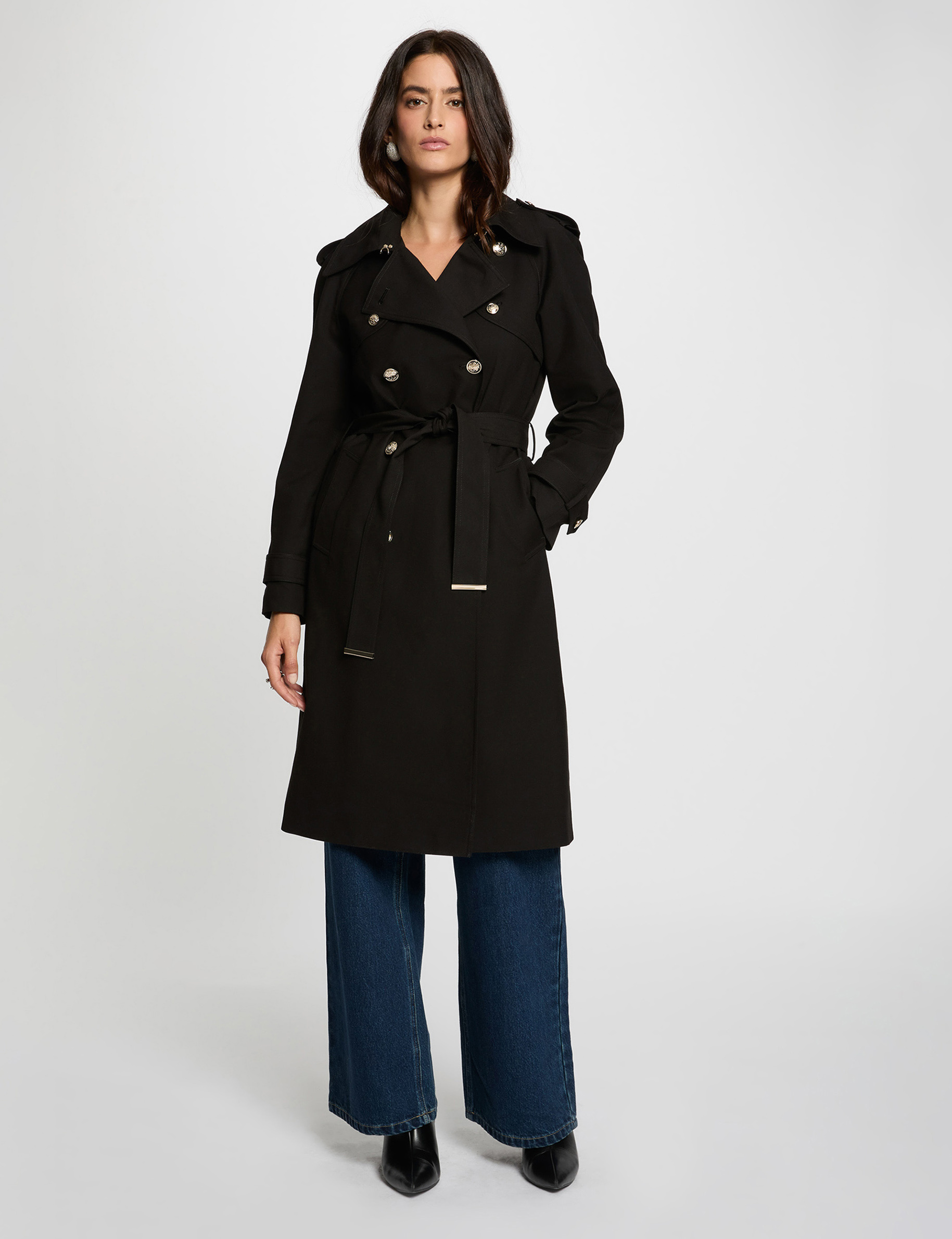 Langer Trenchcoat mit Gürtel schwarz damen