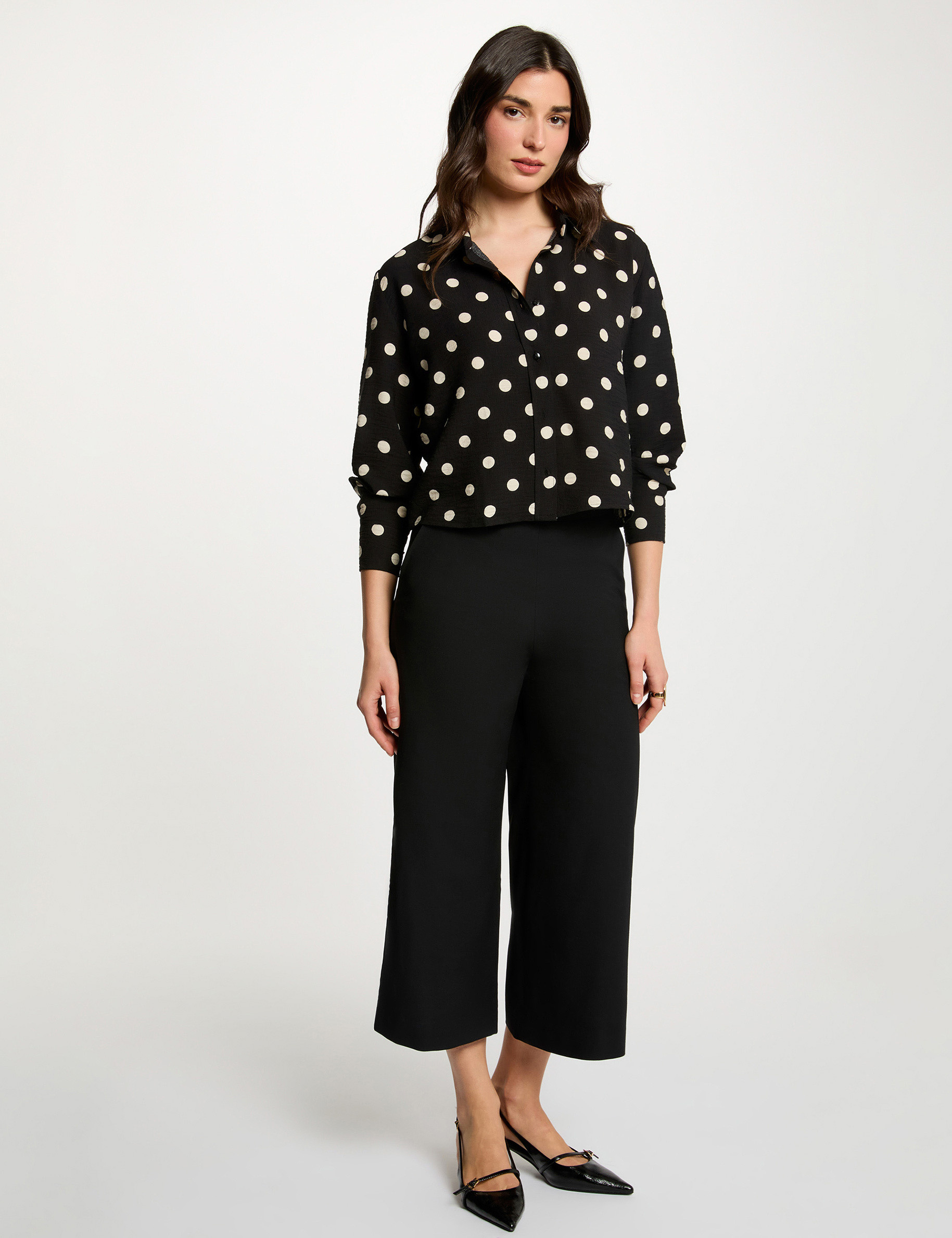 Pantacourt large taille haute noir femme