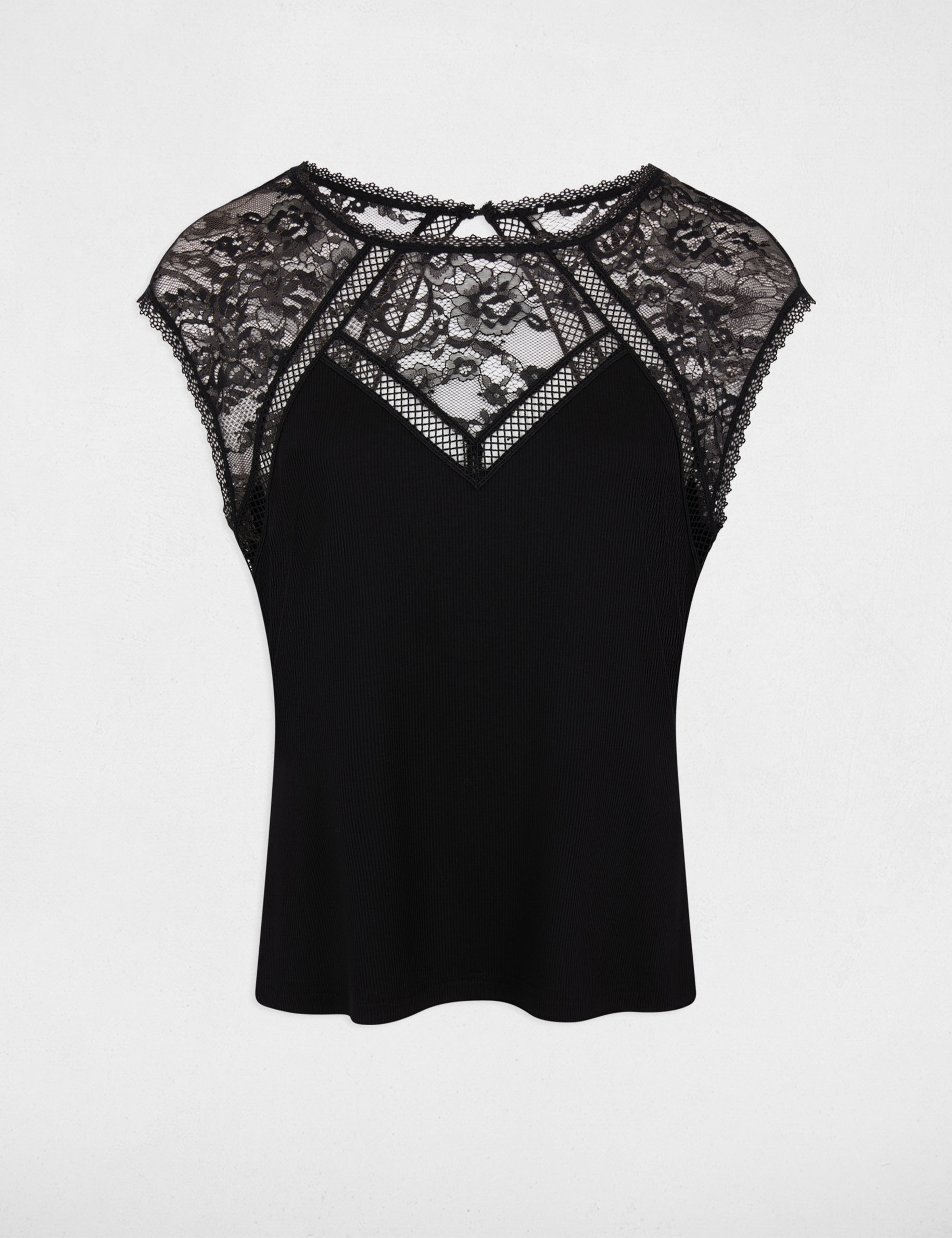 T-shirt dentelle col rond noir femme