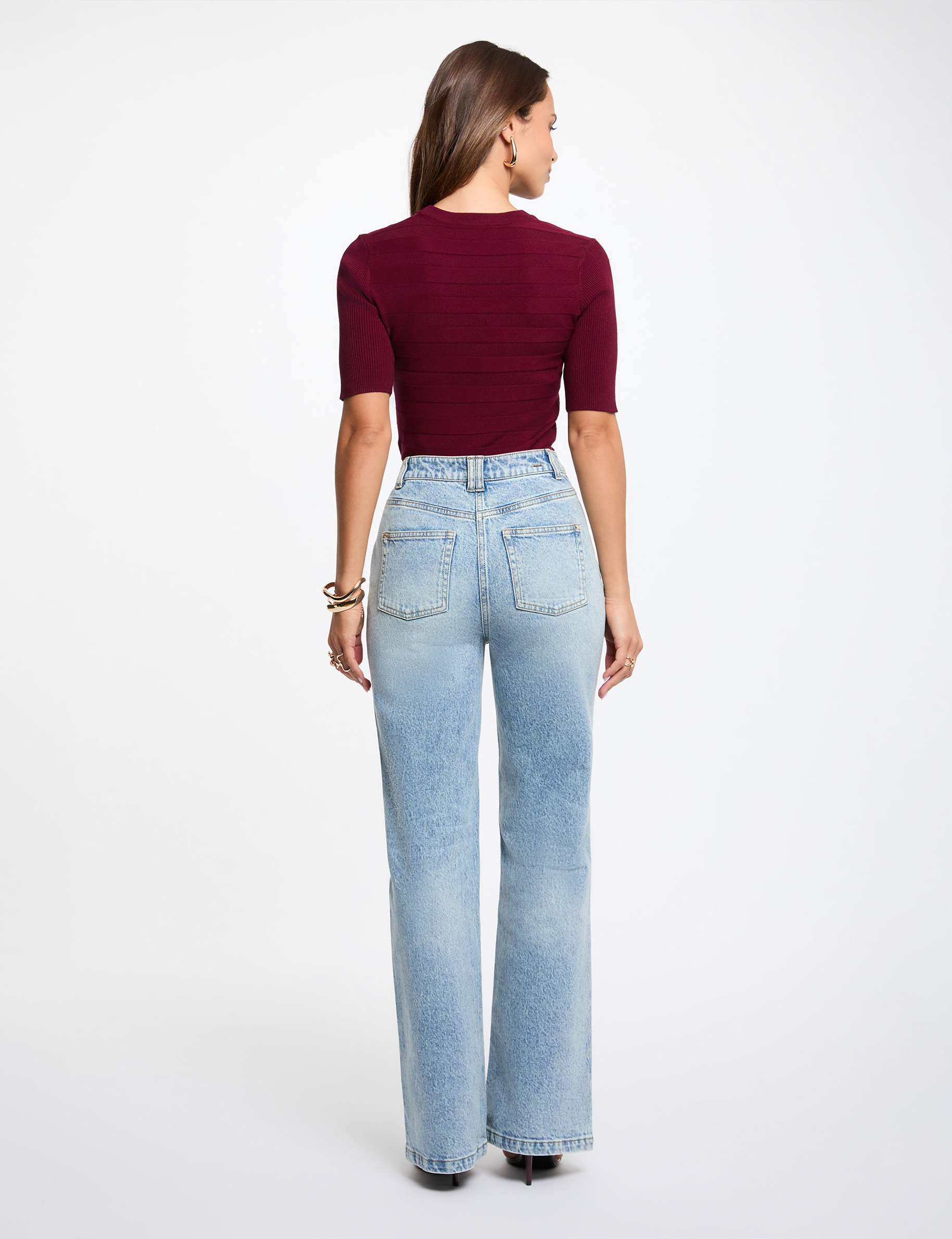 Pull col rond manches courtes bordeaux femme