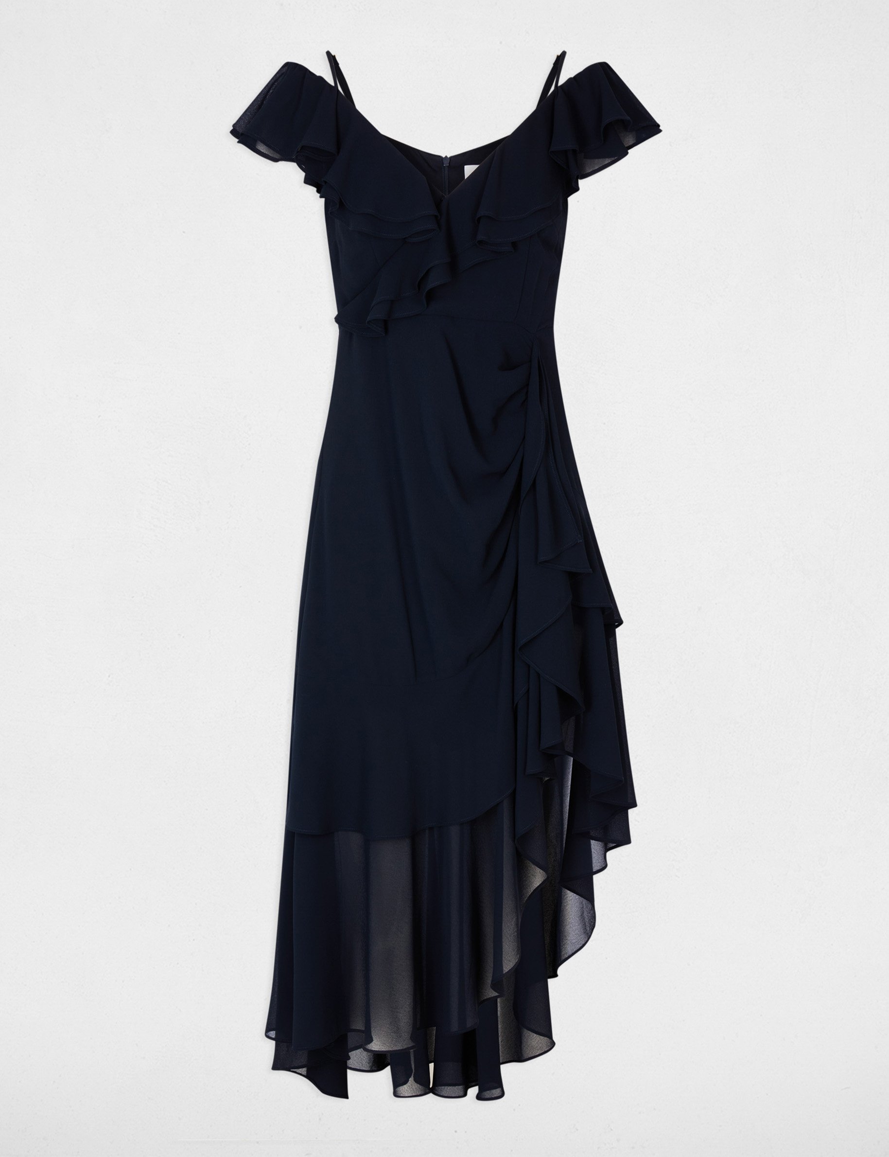 Robe midi droite volants bleu marine femme