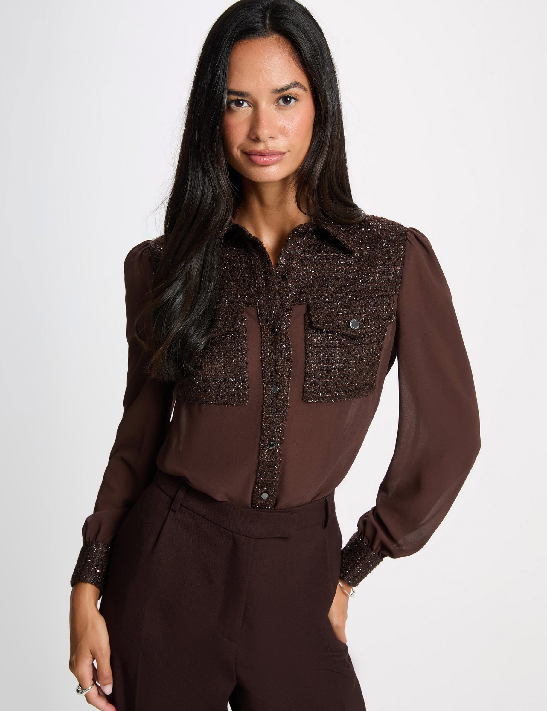 Chemise tweed col &agrave; revers marron fonc&eacute; femme