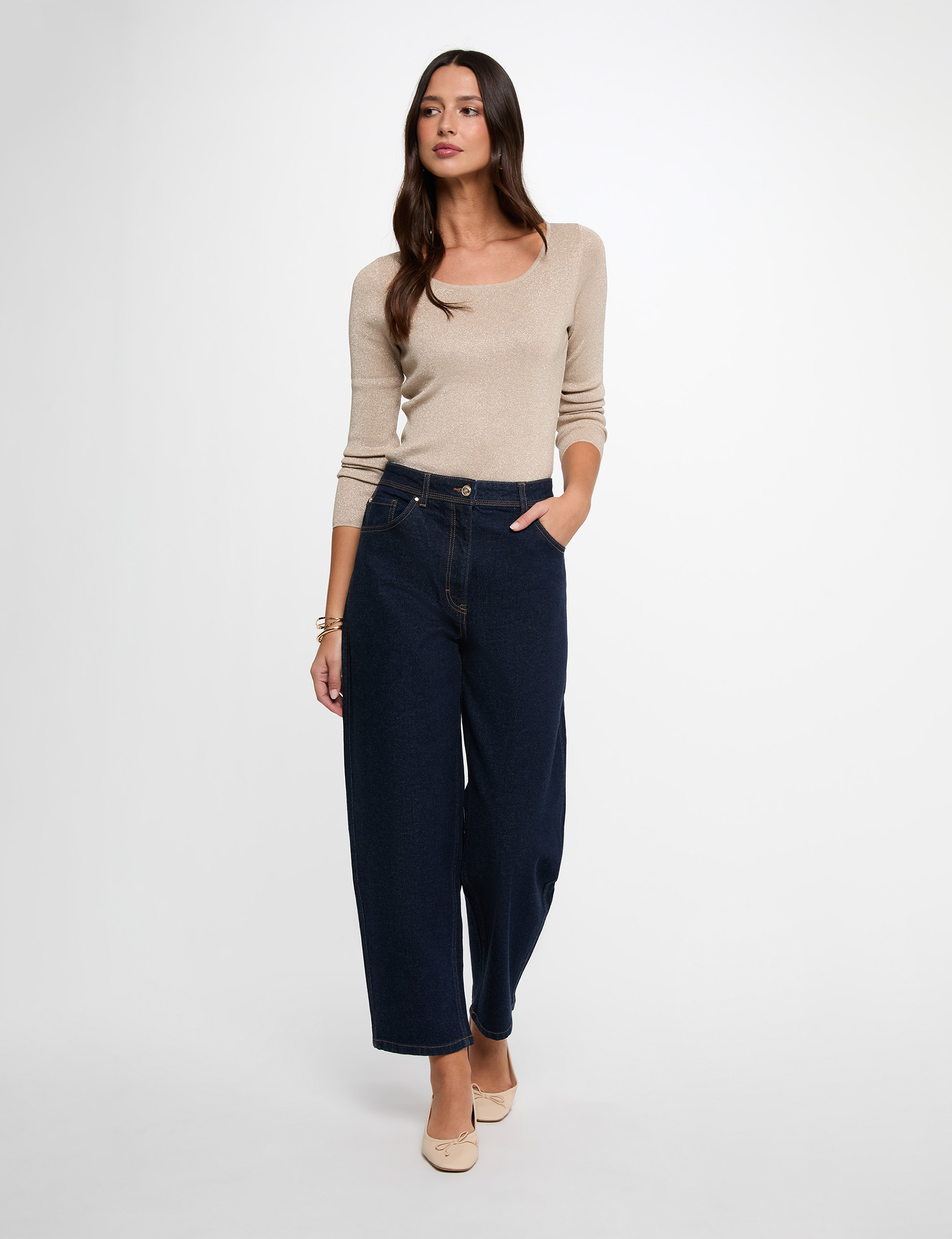 Pull cintr&eacute; col u ecru femme