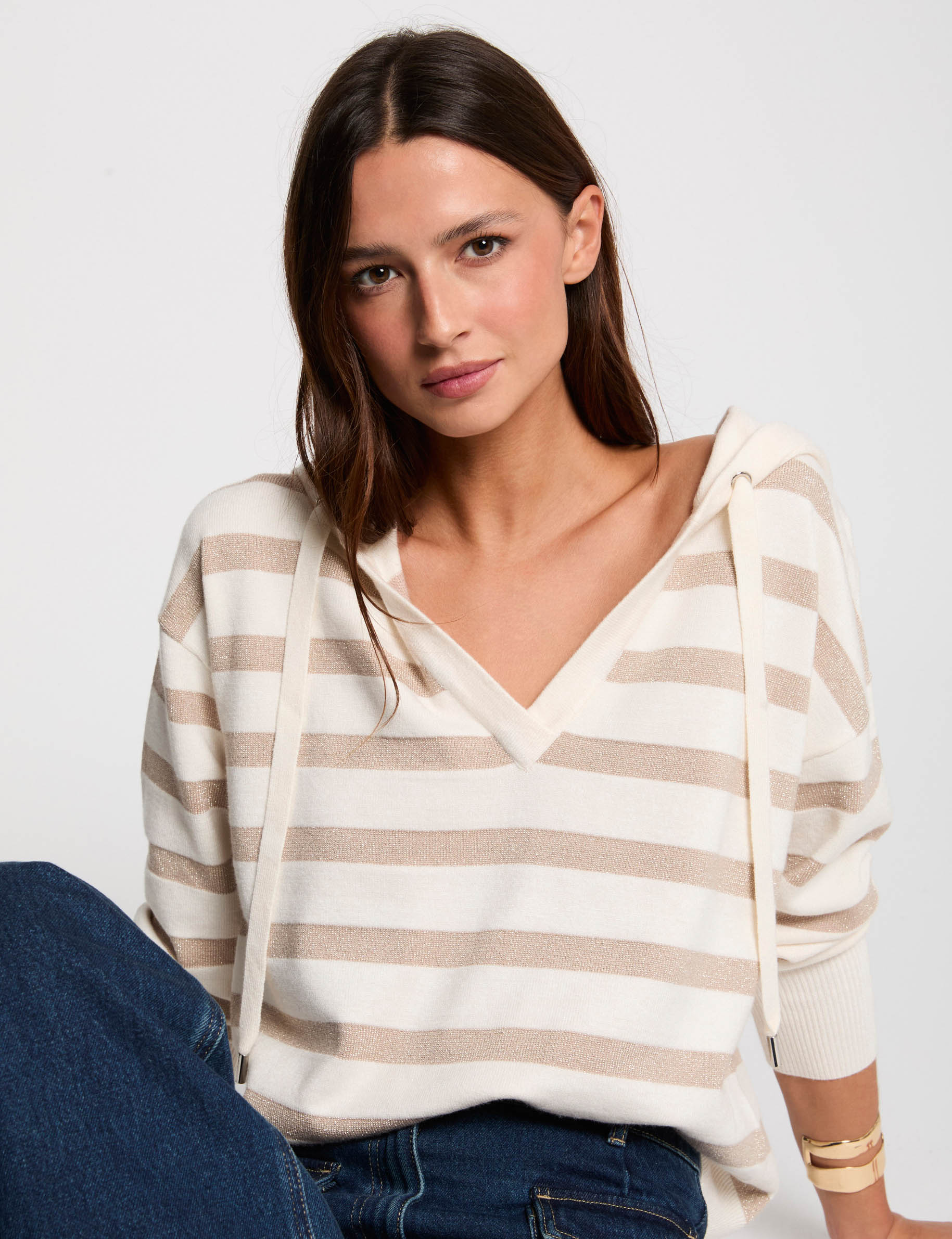 pull col en v a capuche ivoire femme Pull col en V à capuche ivoire femme