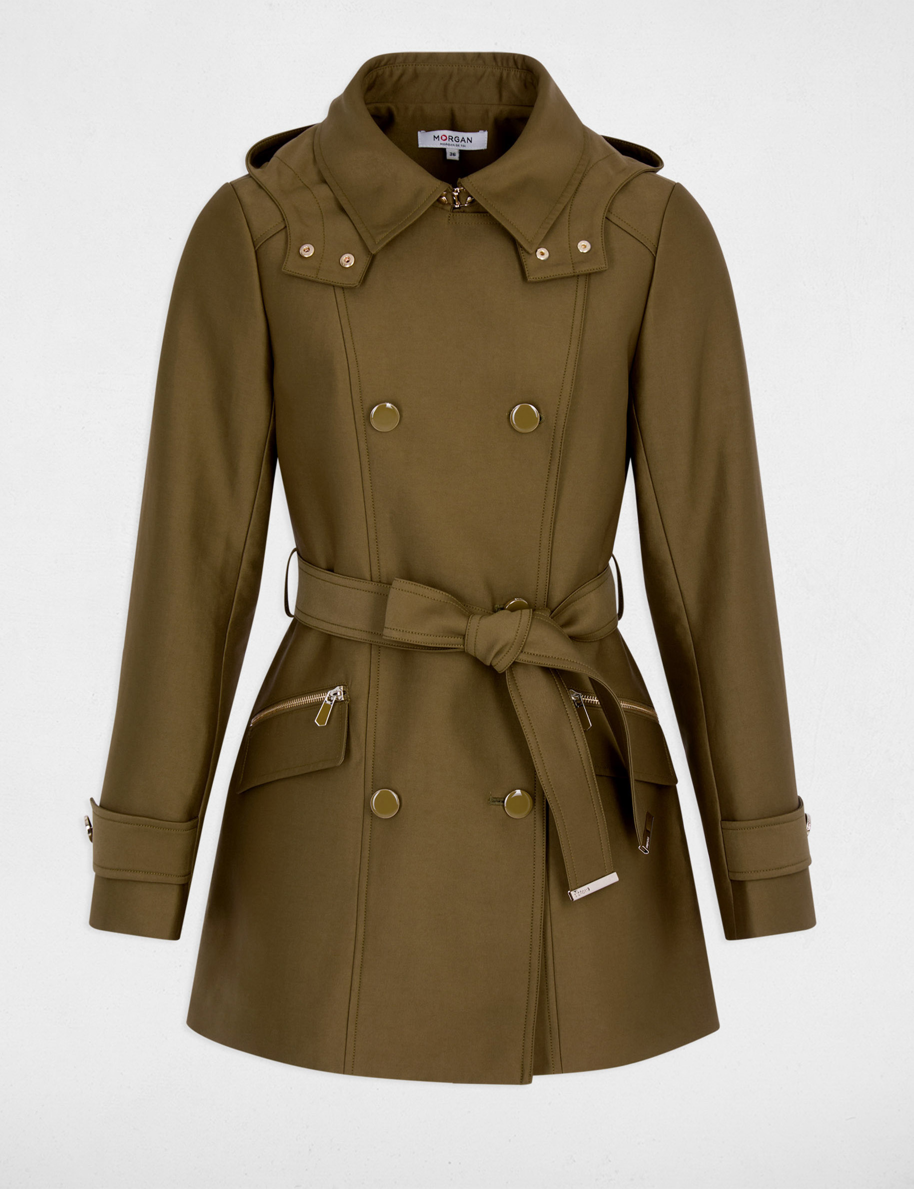Trench cintr&eacute; ceintur&eacute; &agrave; capuche vert kaki femme