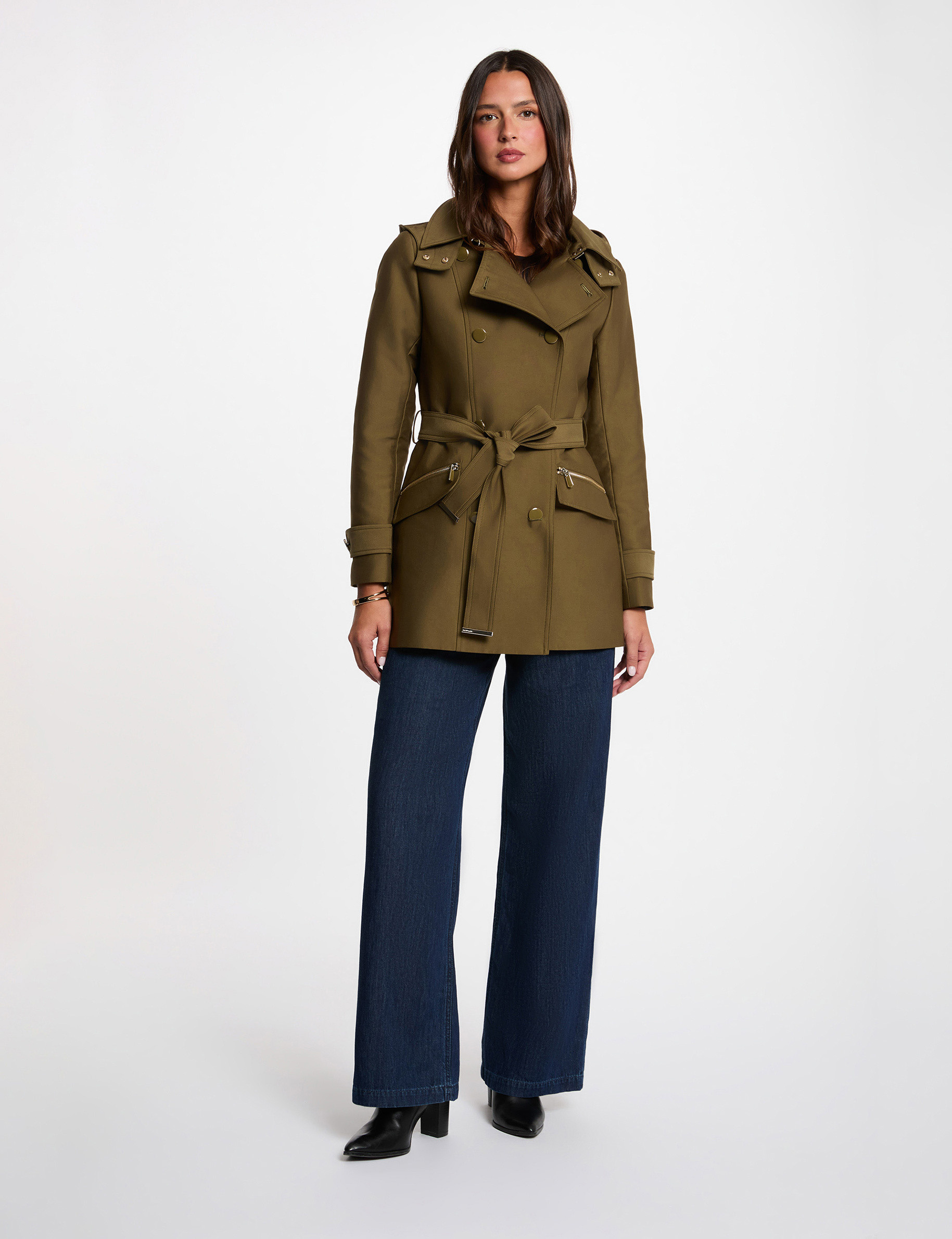 Trench cintr&eacute; ceintur&eacute; &agrave; capuche vert kaki femme