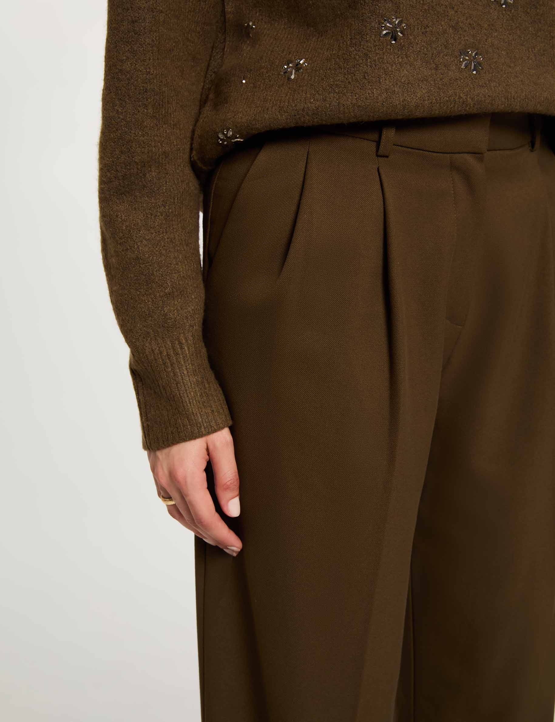 Pantalon large taille haute vert kaki femme