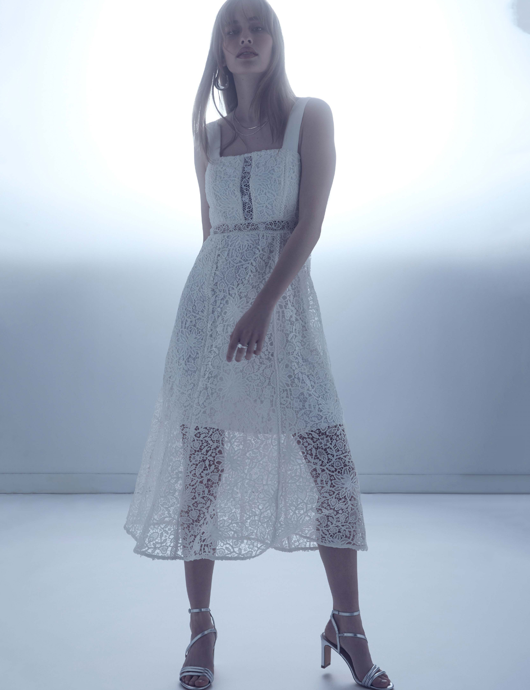 Robe midi trapèze dentelle blanc femme