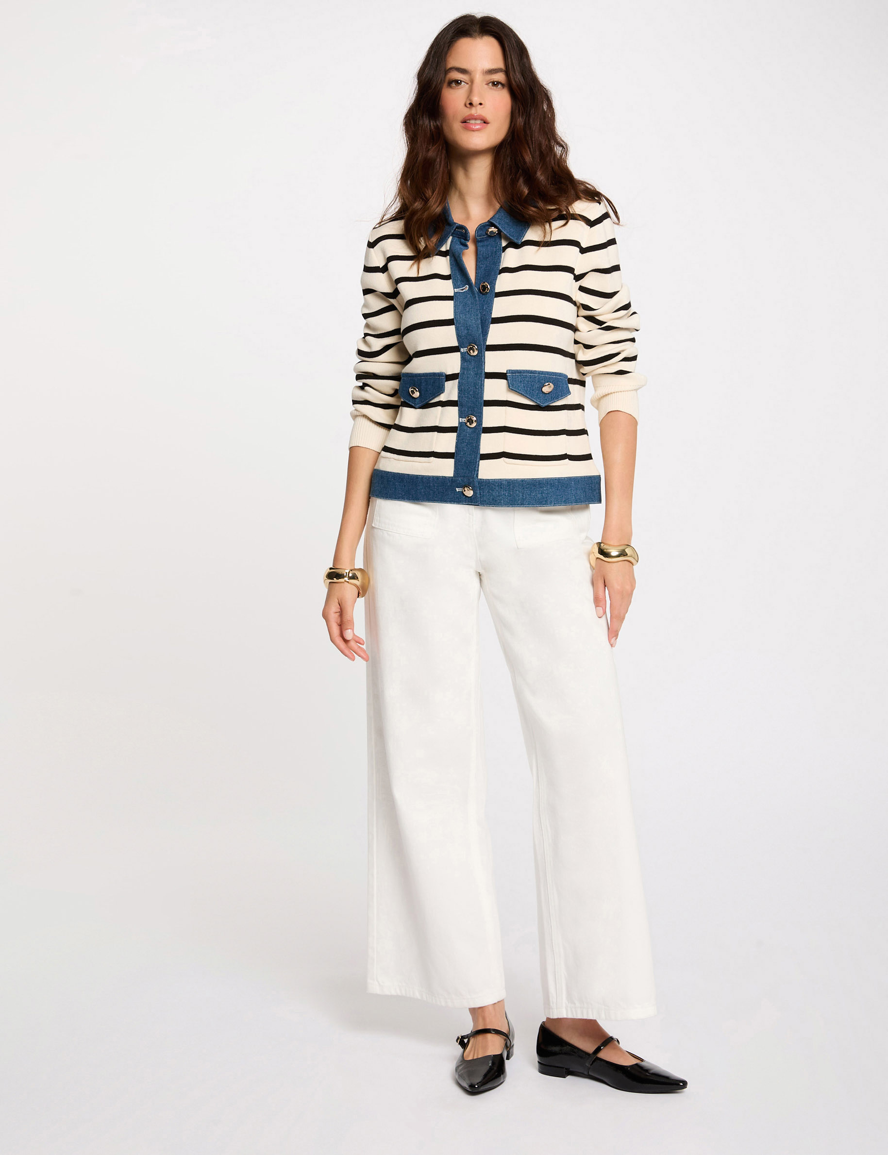 gilet col a revers raye ivoire femme Gilet col à revers rayé ivoire femme