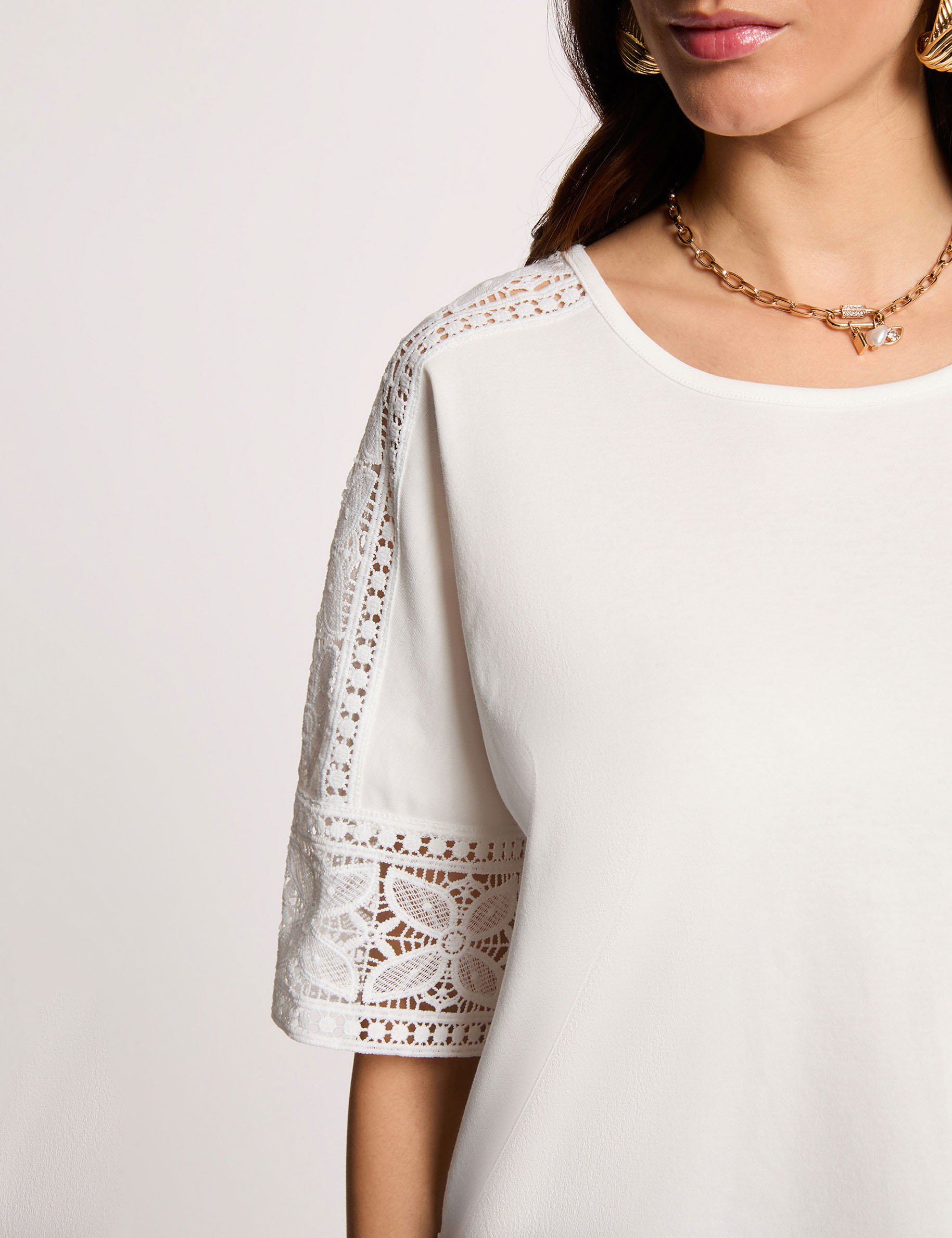 T-Shirt mit Rundhals und Spitze weiss damen