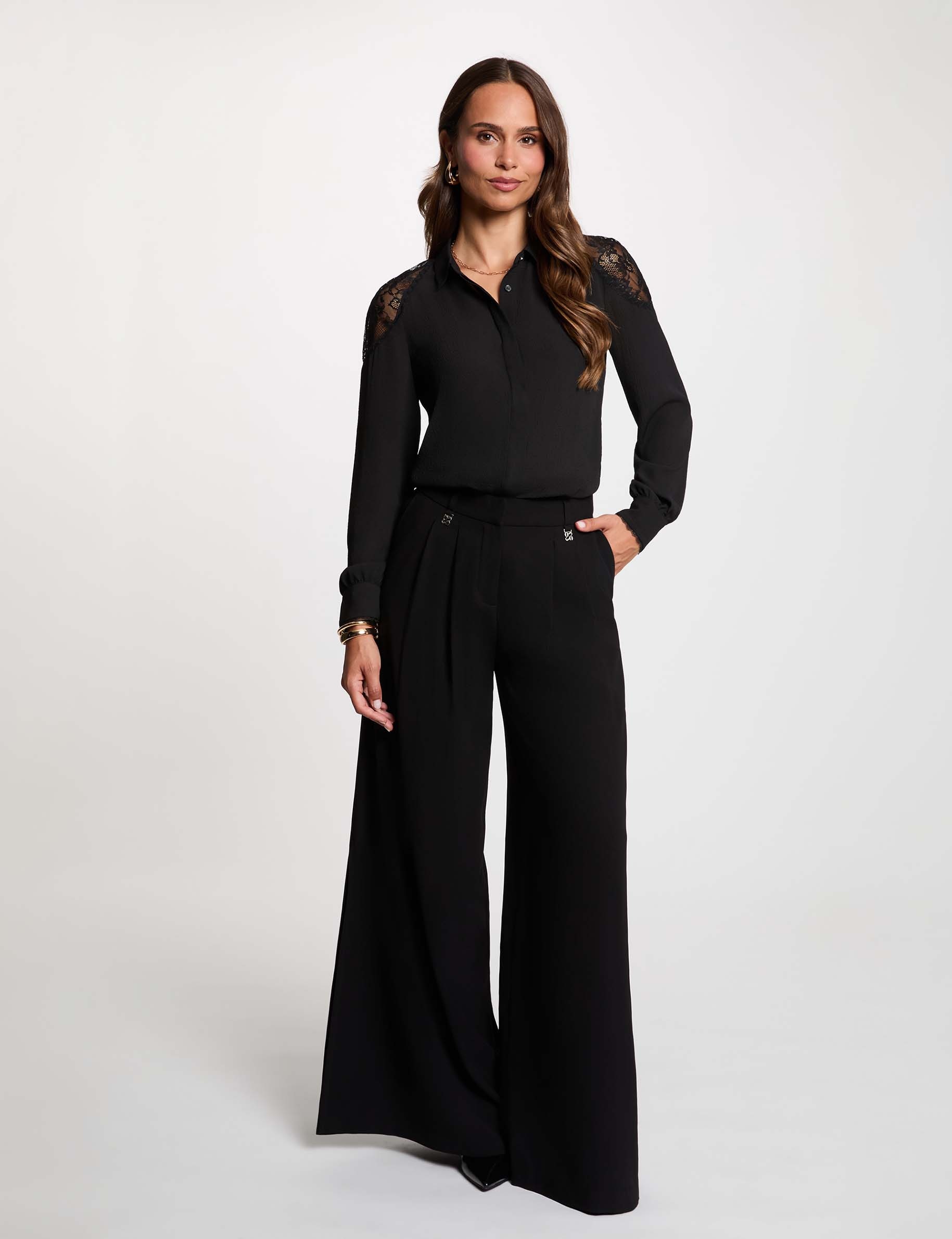 Spitzenbluse mit langen &Auml;rmeln schwarz damen