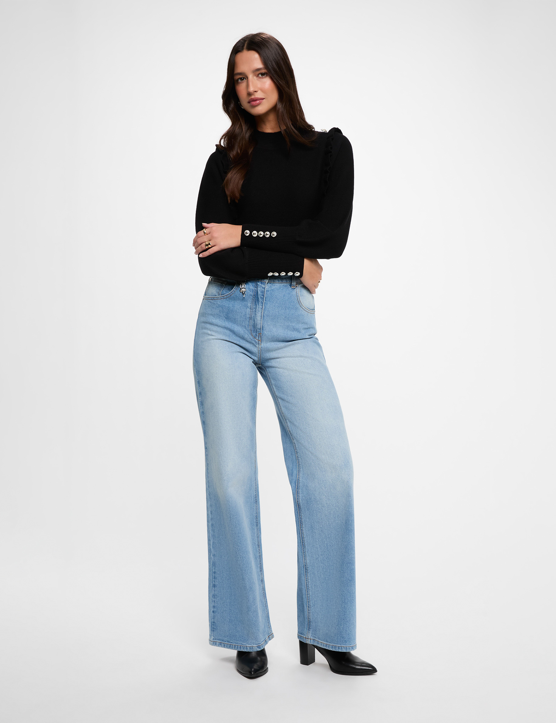 Pull manches longues avec volants noir femme